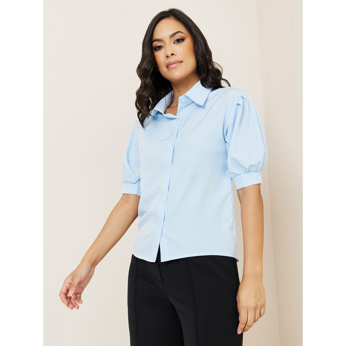 Styli Solid Puff Sleeve Shirt with Button Placket-women-clothing-shirtsandblouses-shirts-image-3
