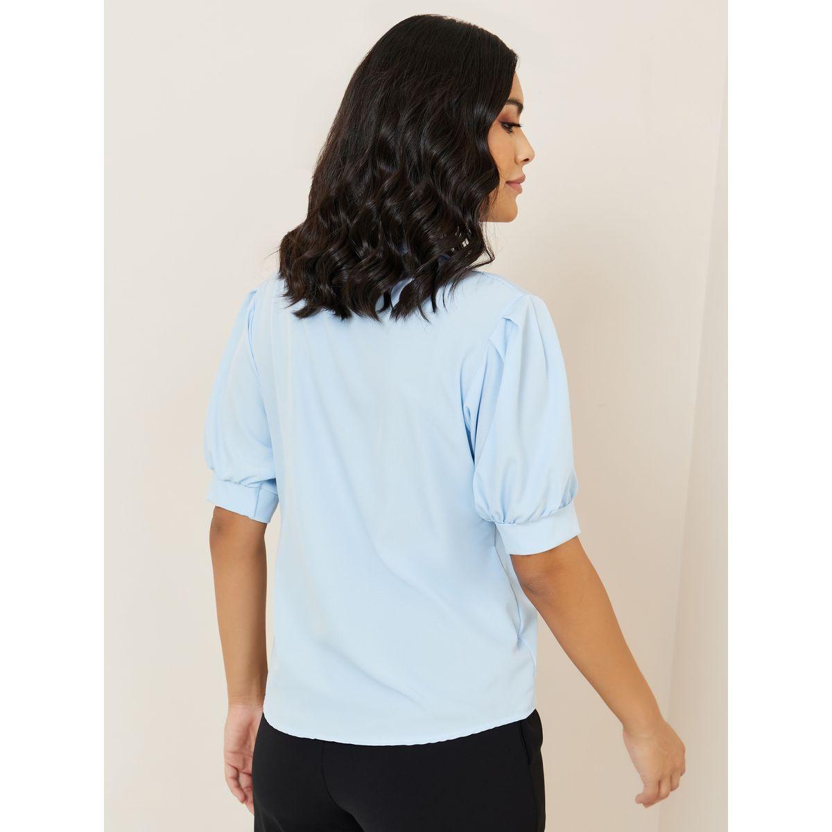 Styli Solid Puff Sleeve Shirt with Button Placket-women-clothing-shirtsandblouses-shirts-image-5
