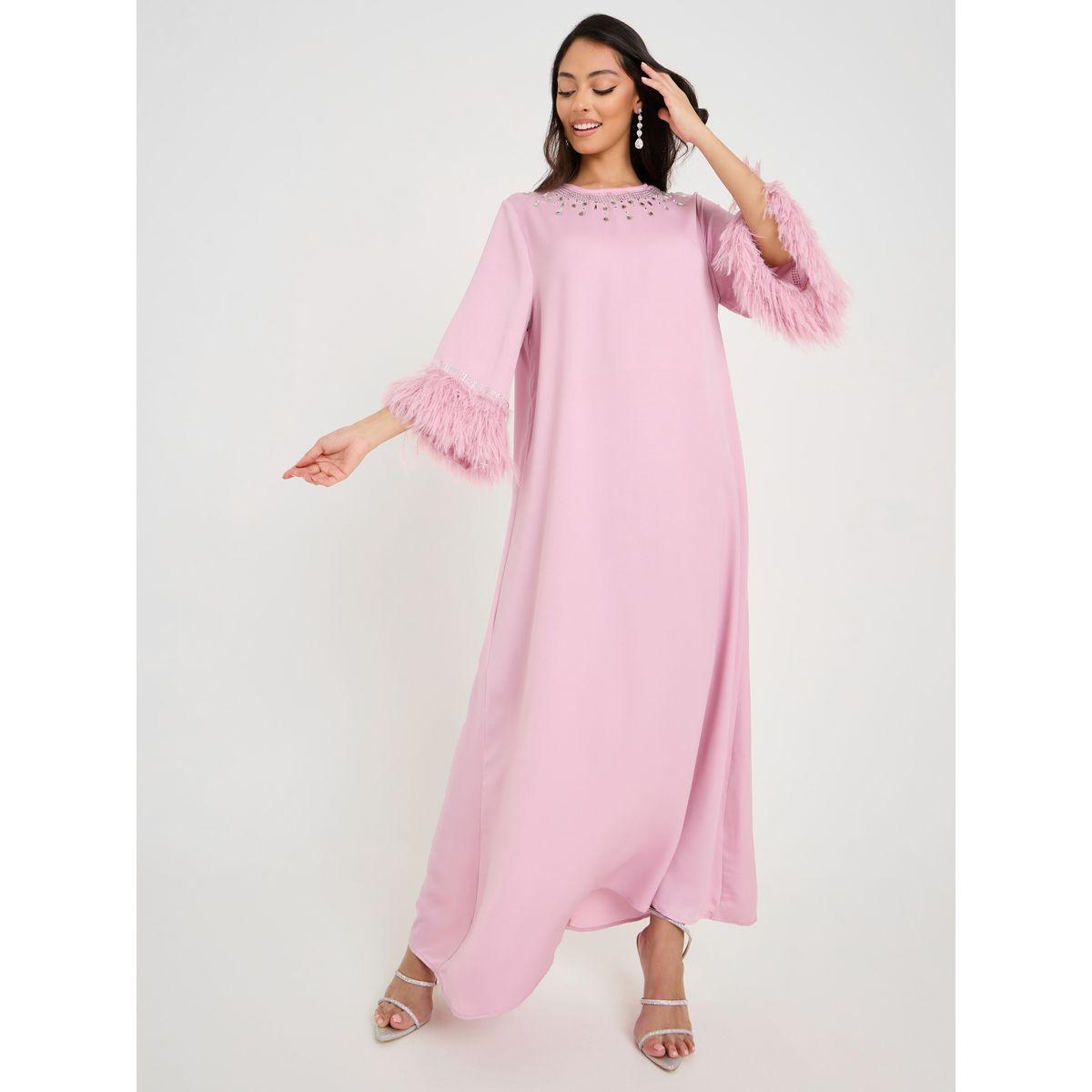 Styli Embellished Fur Sleeve Detail Jalabiya-women-arabicclothing-jalabiyas-image-1