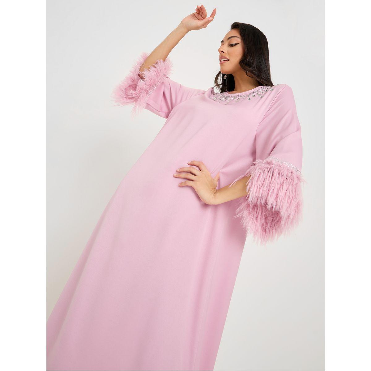 Styli Embellished Fur Sleeve Detail Jalabiya-women-arabicclothing-jalabiyas-image-2