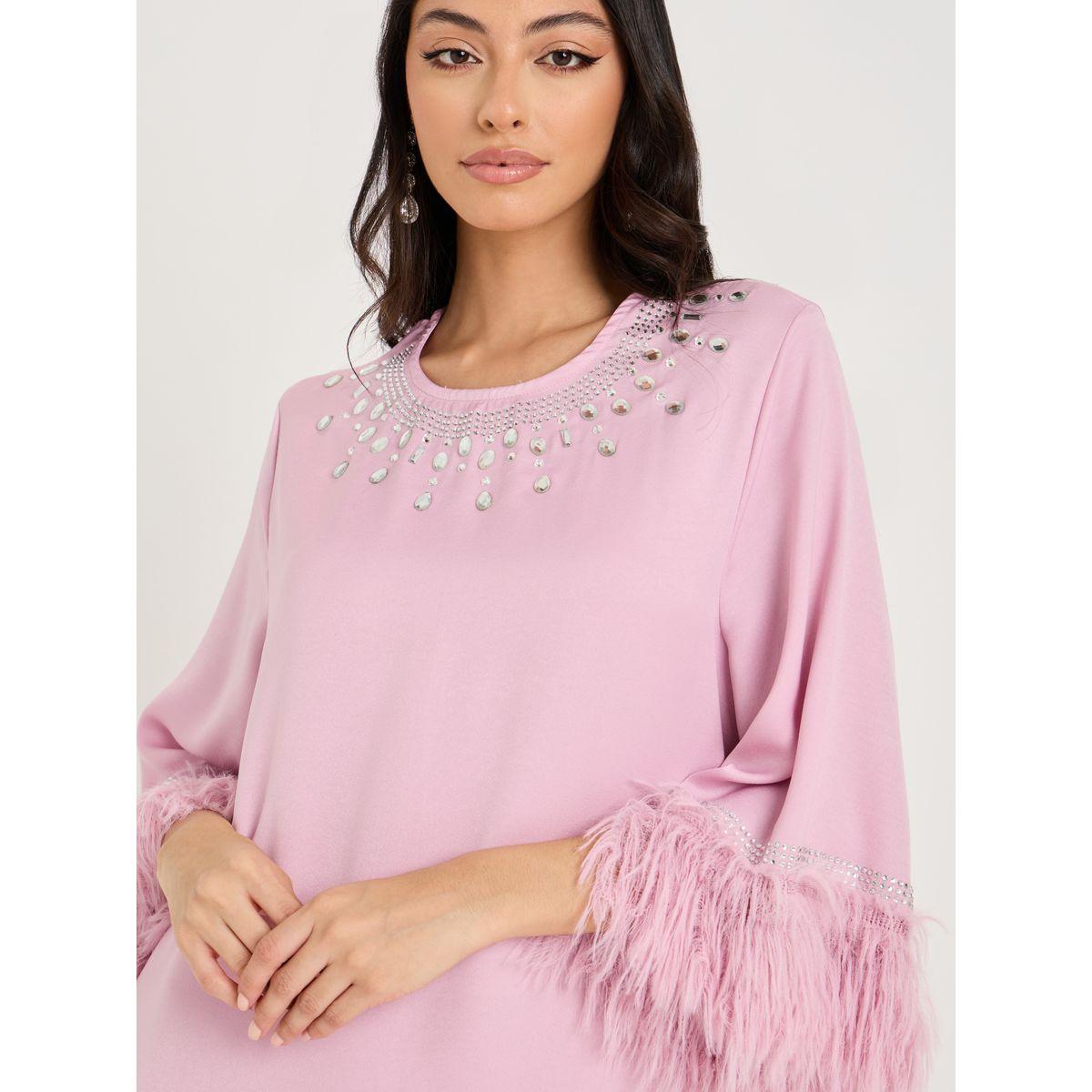 Styli Embellished Fur Sleeve Detail Jalabiya-women-arabicclothing-jalabiyas-image-3