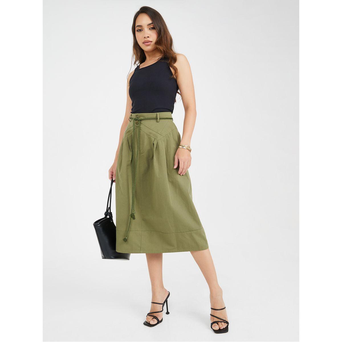 Styli Solid Cotton Midi Skirt with Tie String Belt-women-clothing-bottoms-skirts-image-1