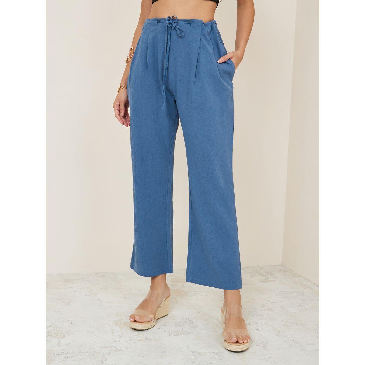 Styli Solid Cotton Linen Trouser with Drawstring-women-clothing-bottoms-trousers-image-1