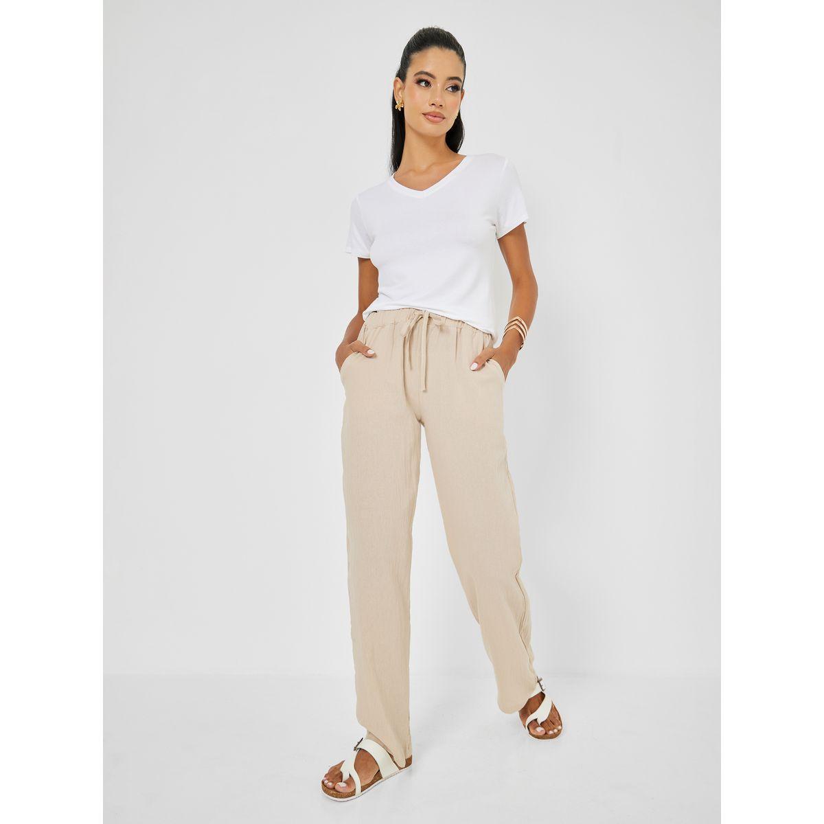 Styli Solid Cotton Linen Pants with Drawstring-women-clothing-bottoms-trousers-image-1