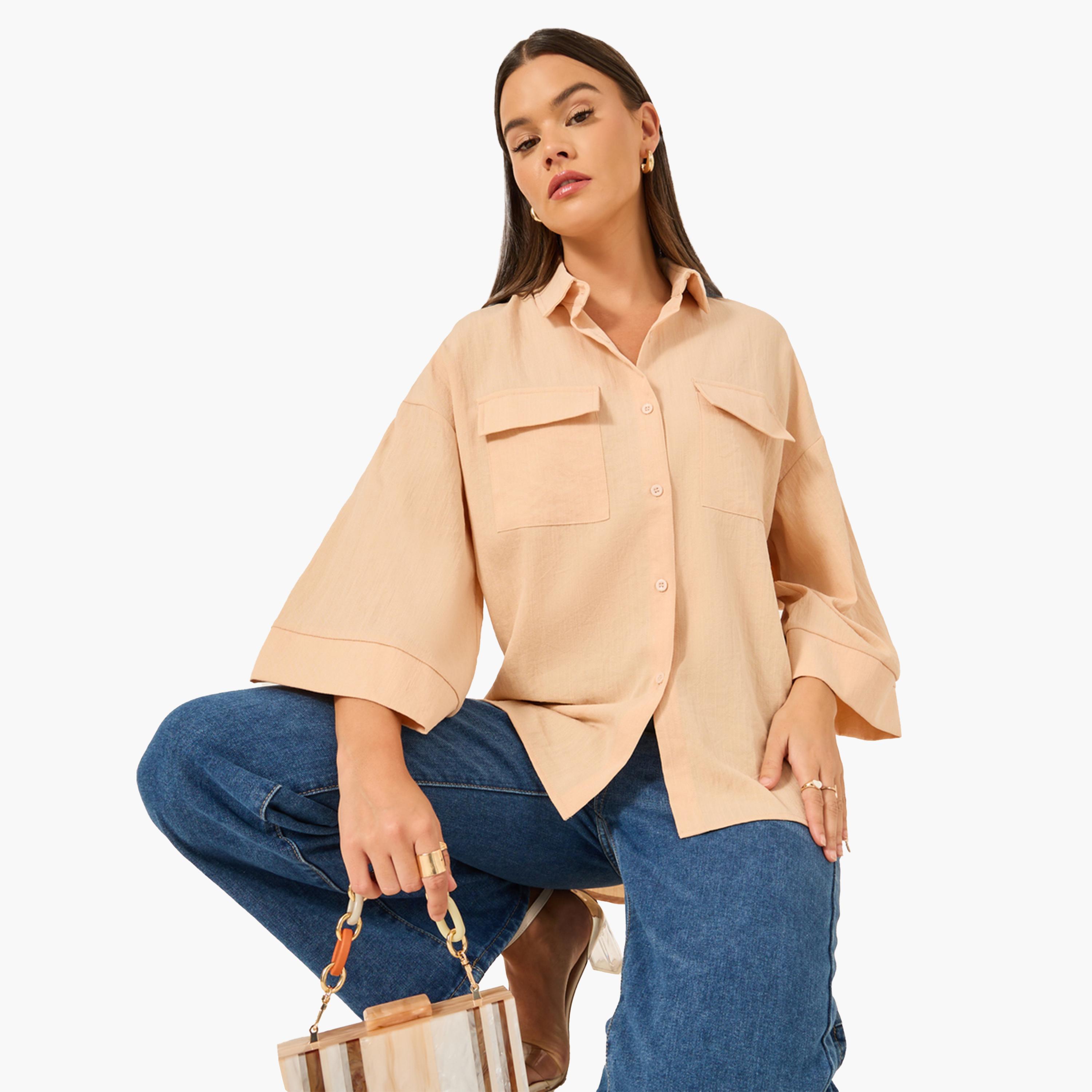 Styli Button Down Spread Collar Oversized Shirt-women-clothing-shirtsandblouses-shirts-image-3