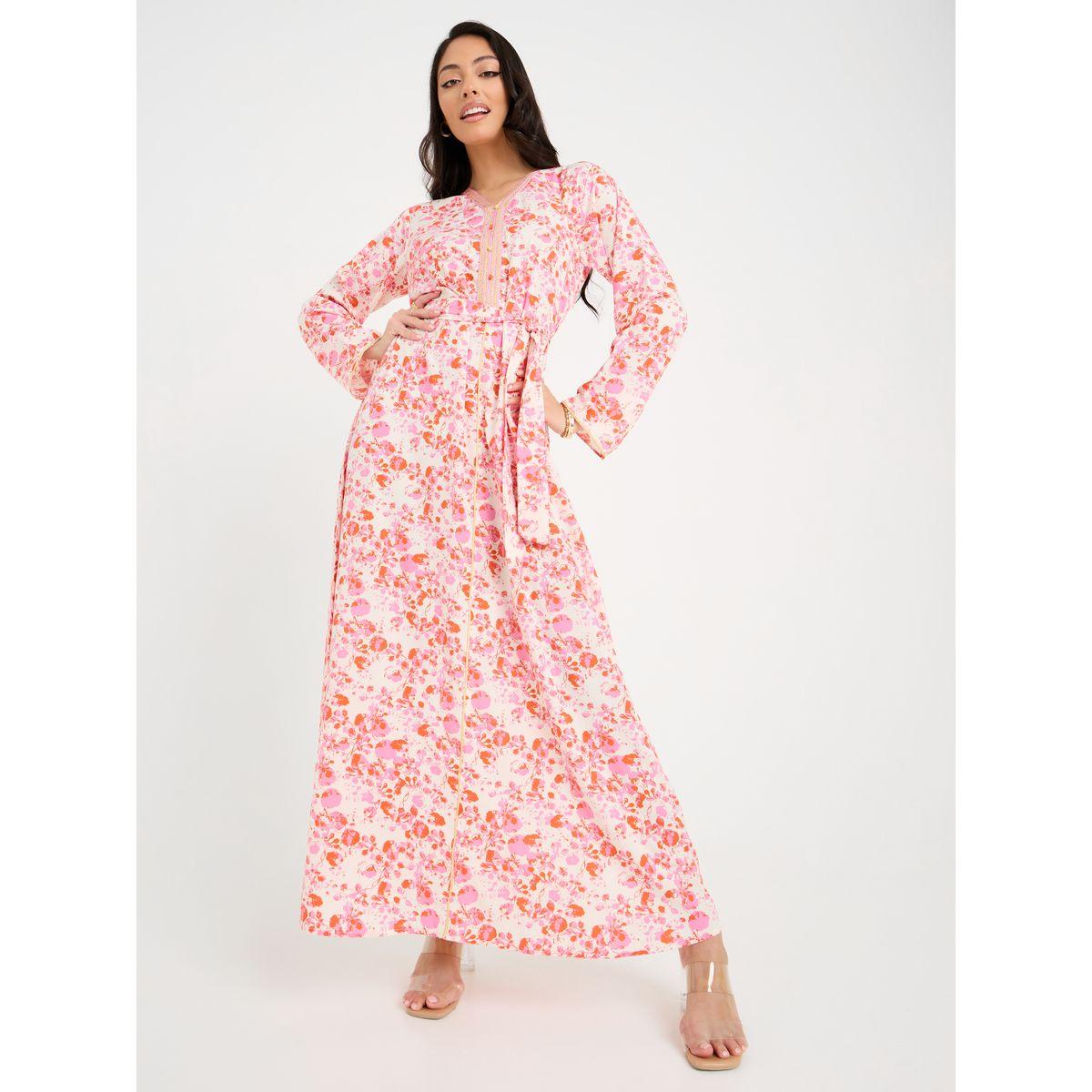 Styli Floral Print Jalabiya with Magrabi Lace-women-arabicclothing-jalabiyas-image-1