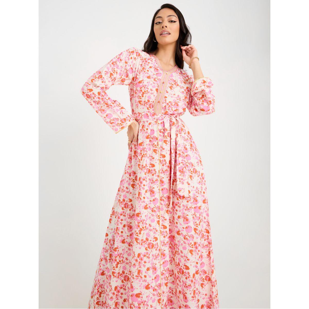 Styli Floral Print Jalabiya with Magrabi Lace-women-arabicclothing-jalabiyas-image-2