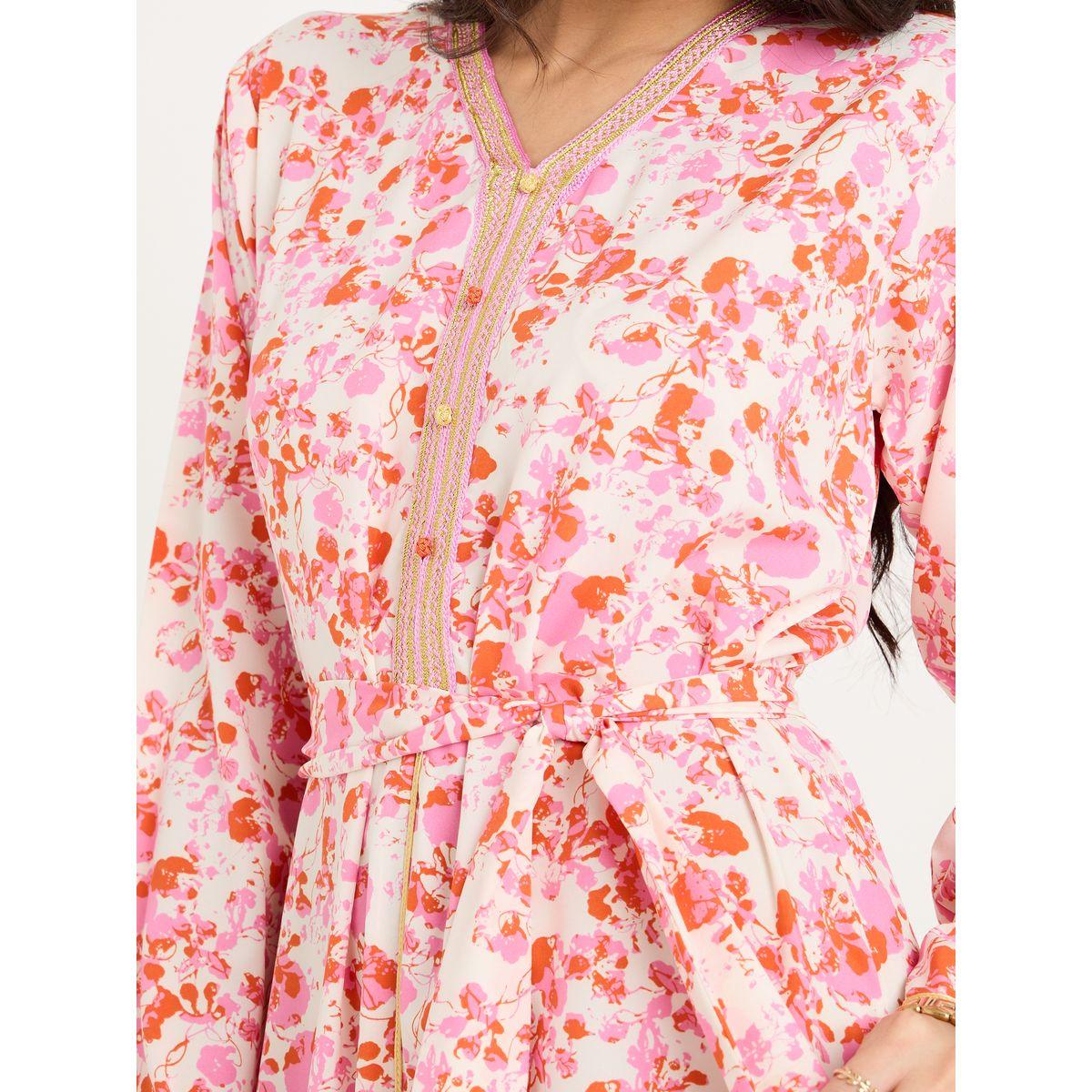Styli Floral Print Jalabiya with Magrabi Lace-women-arabicclothing-jalabiyas-image-3
