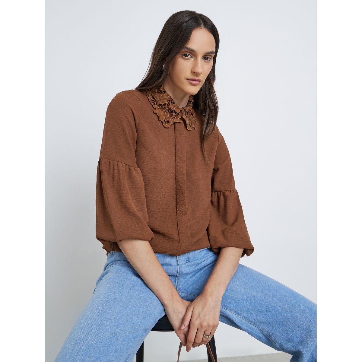 Styli Lace Collar Placket Detail Relaxed Fit Shirt-women-clothing-shirtsandblouses-shirts-image-1