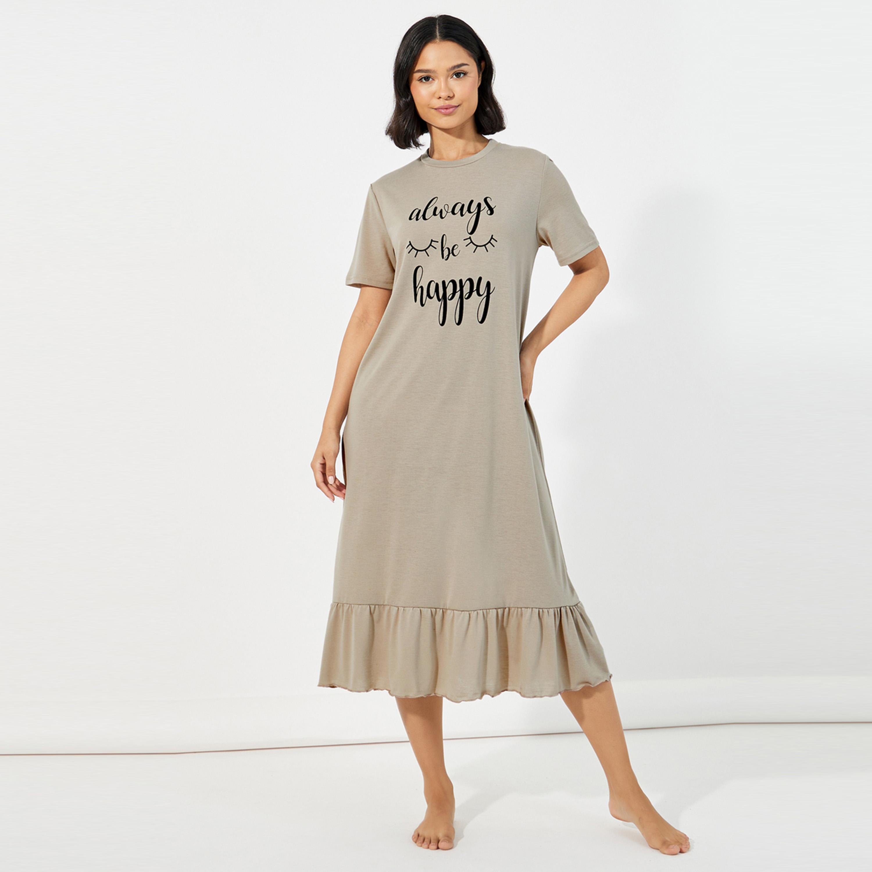 Styli Unwind Always Be Happy Graphic Ruffle Hem Sleep T-Shirt Dress-women-clothing-nightwear-nighties-image-1