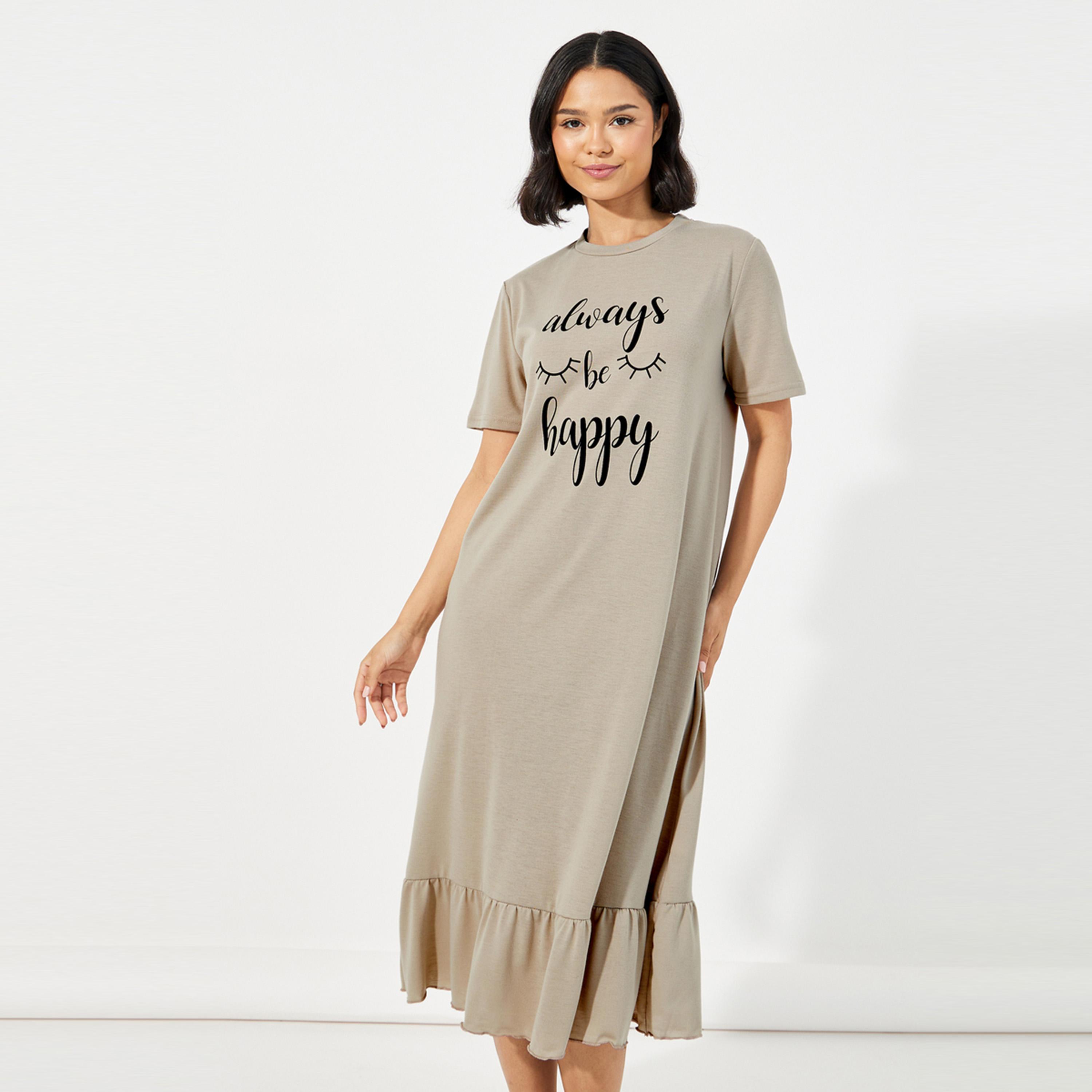ستايلي - فستان تي شيرت للنوم بطبعة جرافيكية وحاشية مكشكشة أنوايند Always Be Happy-women-clothing-nightwear-nighties-image-2