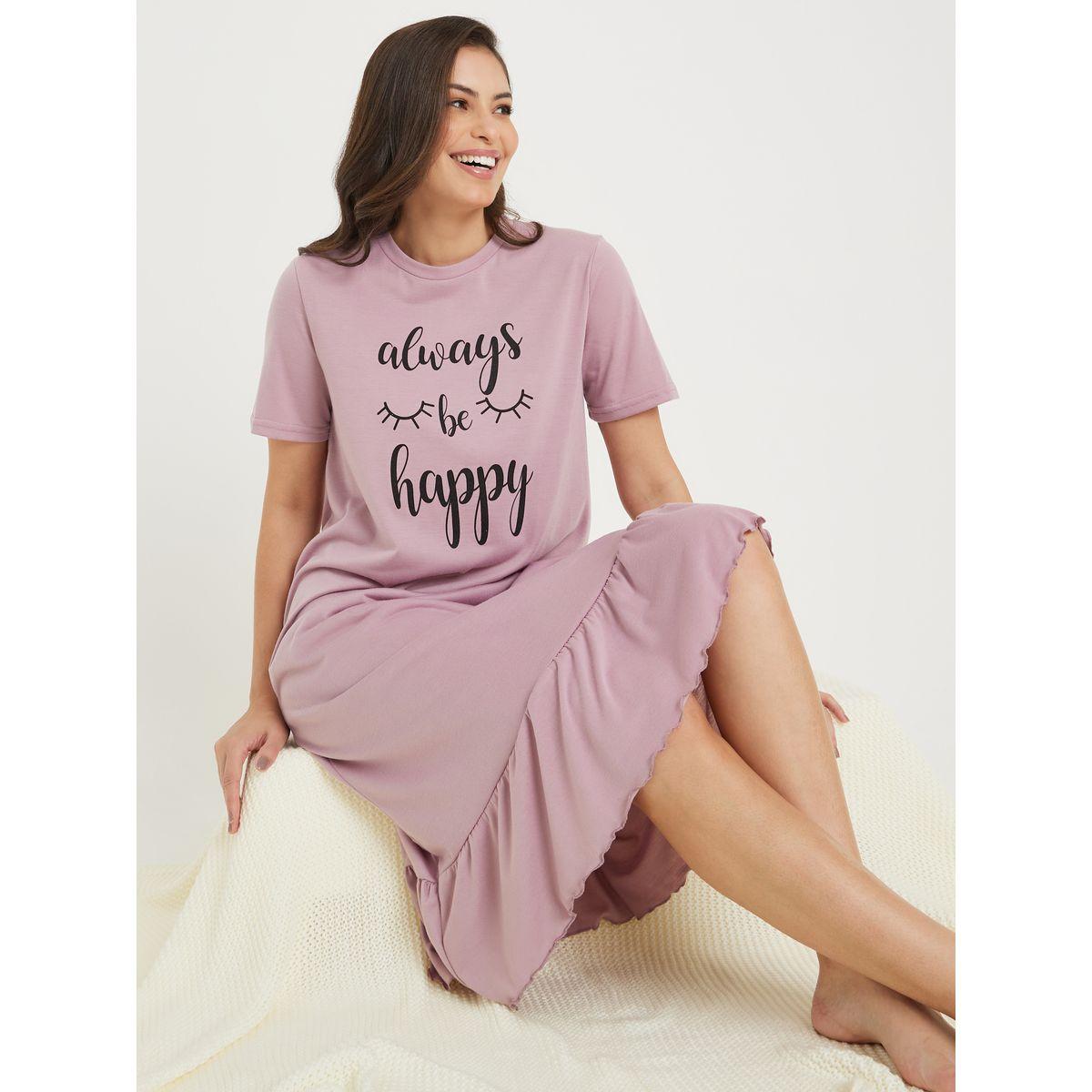 Styli Unwind Always Be Happy Ruffle Hem Sleep T-Shirt Dress-women-clothing-nightwear-nighties-image-1
