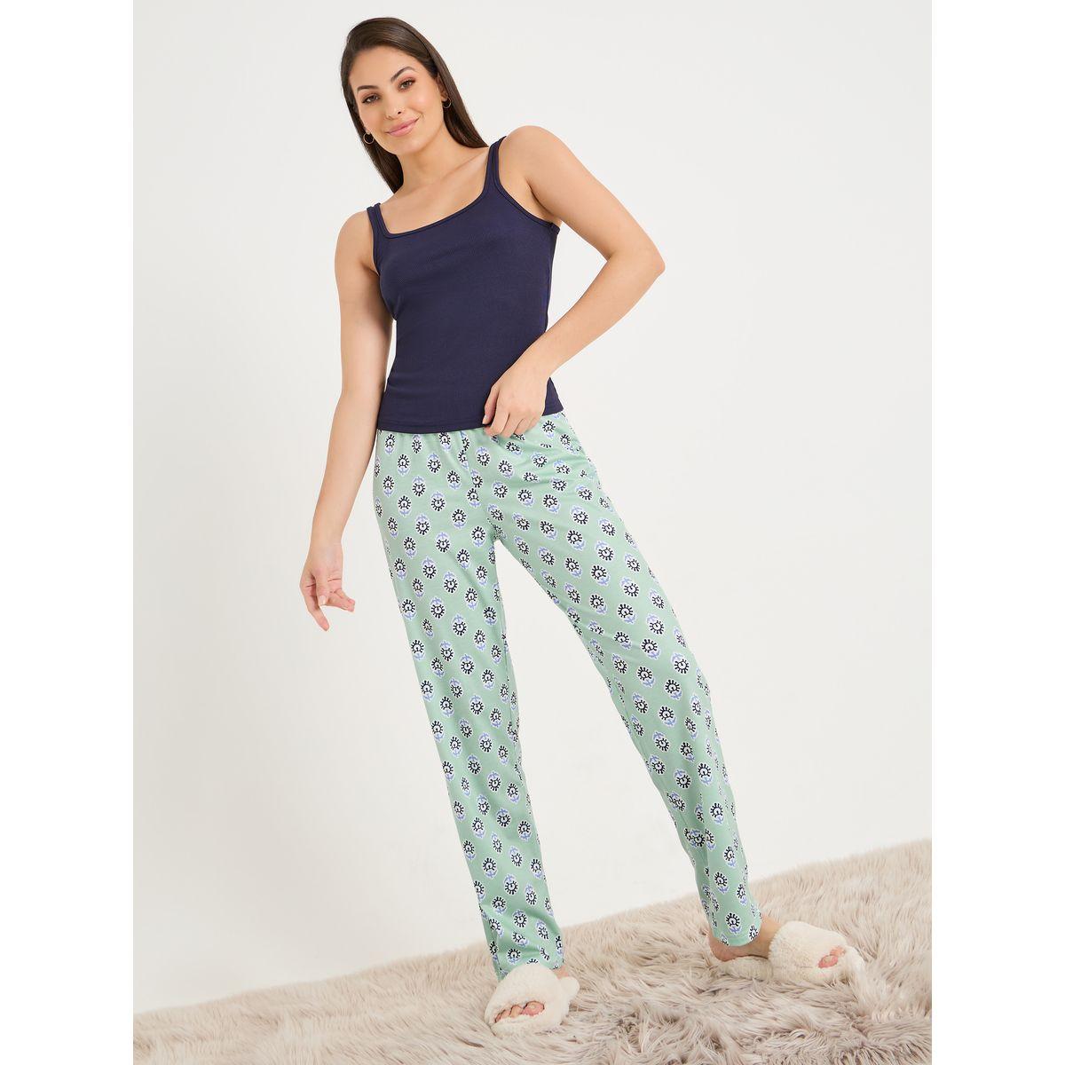 Styli Unwind Solid Rib Tank & Ikat Geo Print Pyjama Set-women-clothing-nightwear-pyjamas-longsets-image-1