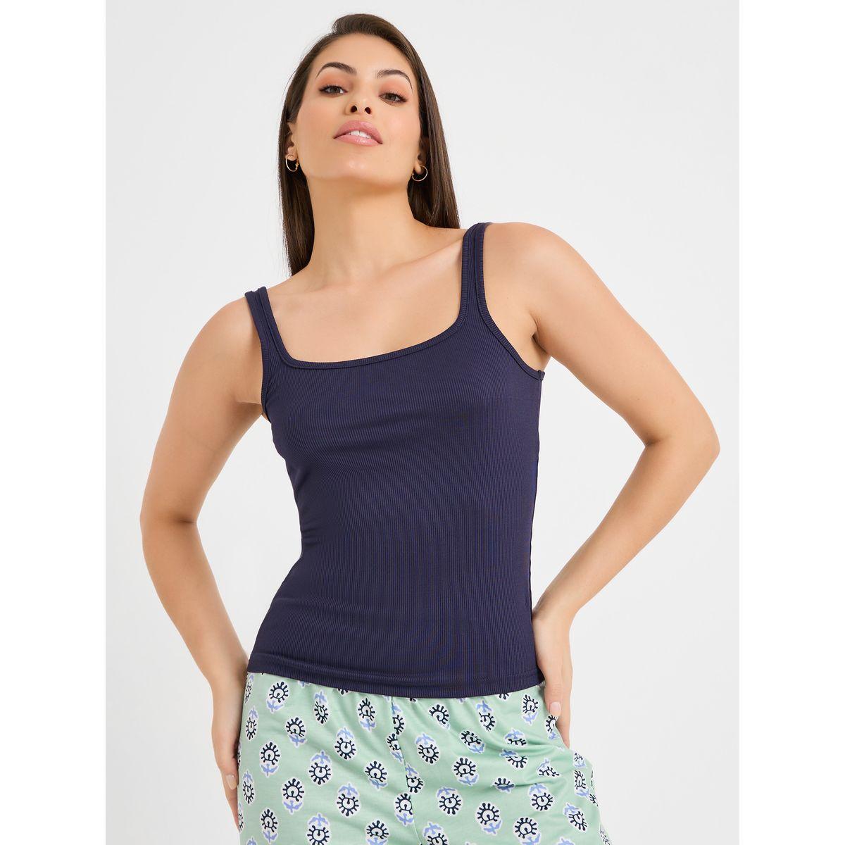 Styli Unwind Solid Rib Tank & Ikat Geo Print Pyjama Set-women-clothing-nightwear-pyjamas-longsets-image-2