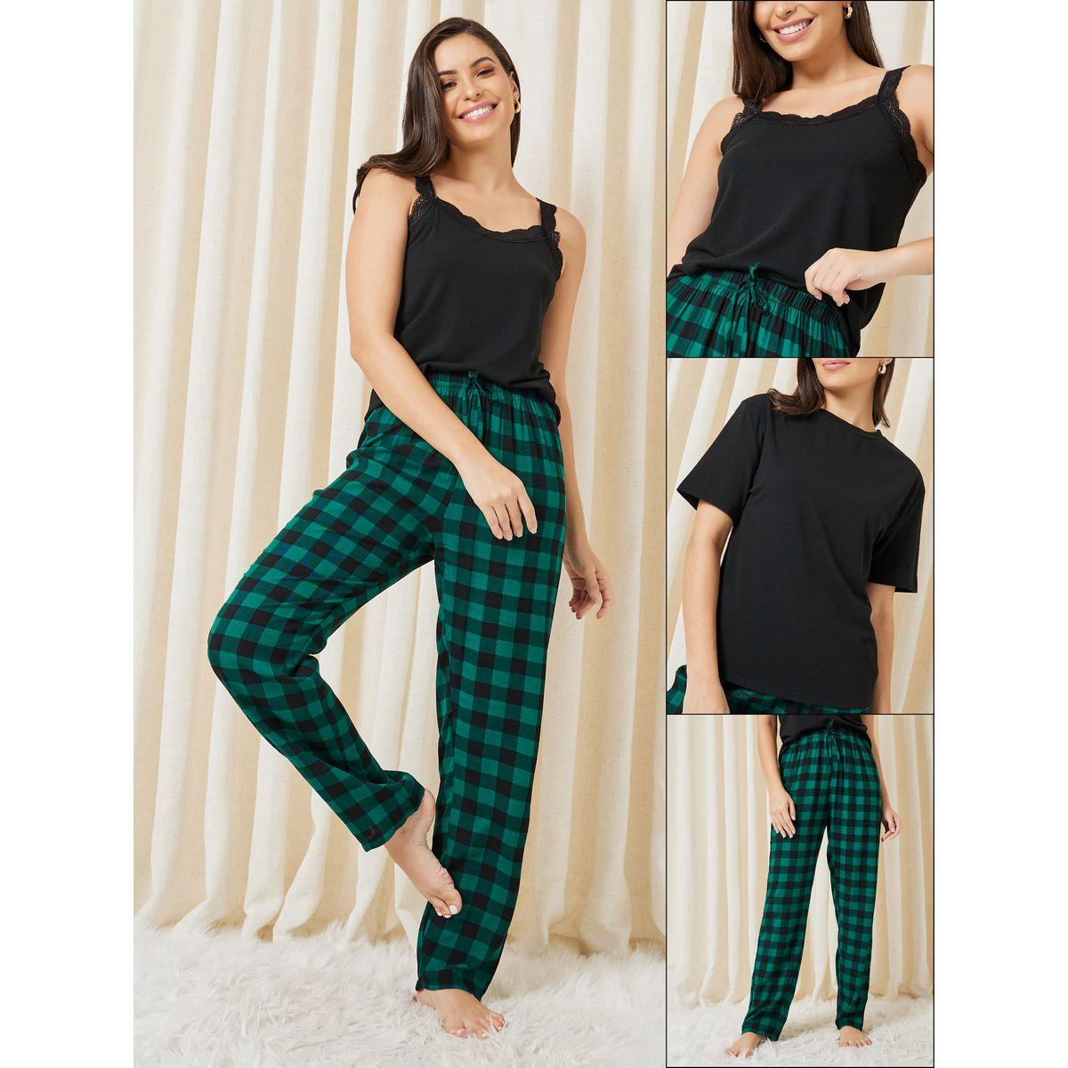 Styli Unwind Pack of 3 - Lace Trim Cami, Solid T-Shirt & Checked Pyjama Set-women-clothing-nightwear-pyjamas-longsets-image-1