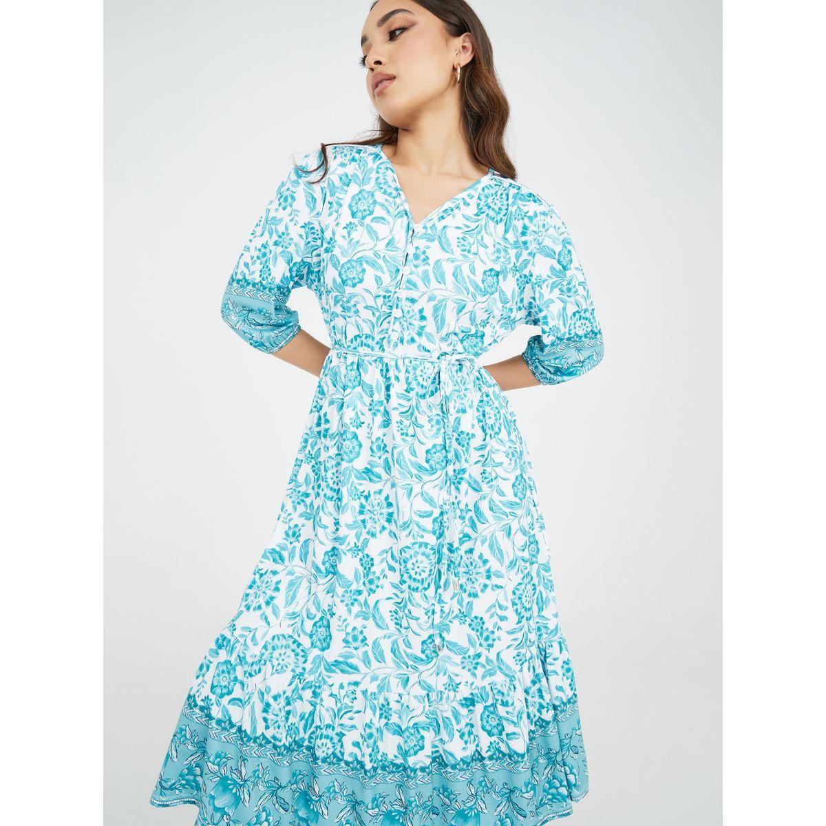 Styli 3/4 Sleeve Floral A-Line Midi Dress-women-clothing-dresses-image-1