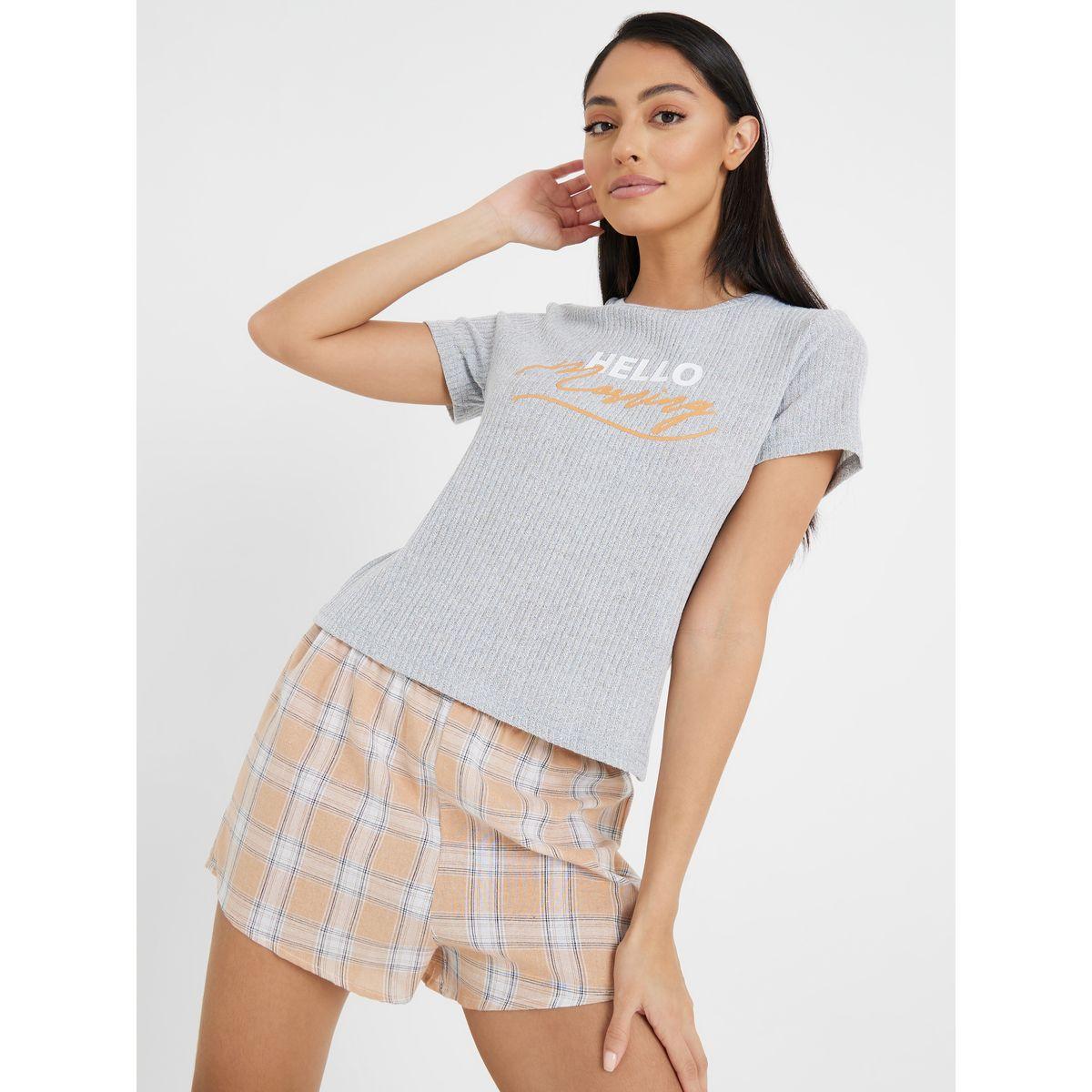 Styli Unwind Ribbed Hello Morning Print T-shirt and Checked Short Set-women-clothing-nightwear-pyjamas-shortsets-image-3
