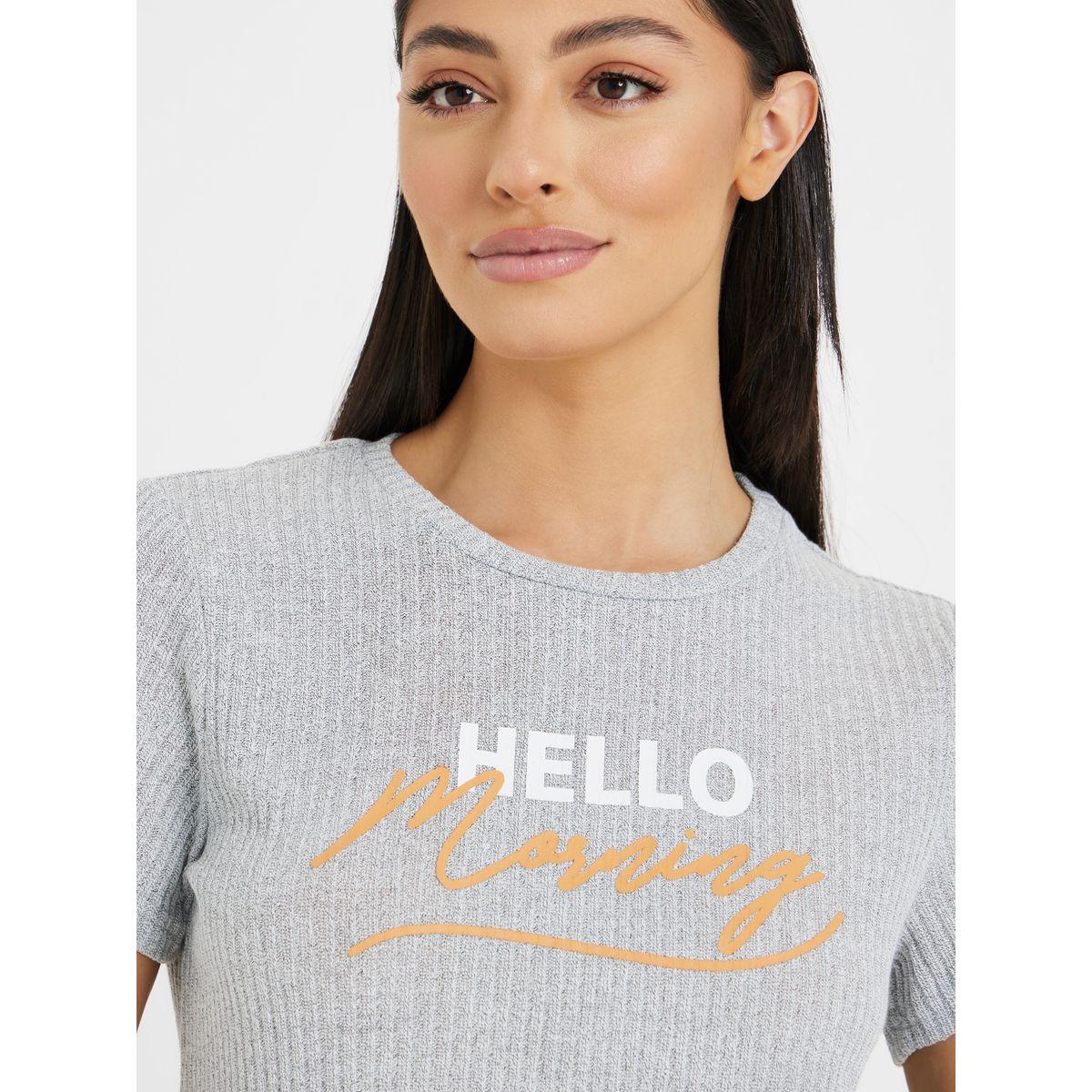 Styli Unwind Ribbed Hello Morning Print T-shirt and Checked Short Set-women-clothing-nightwear-pyjamas-shortsets-image-4