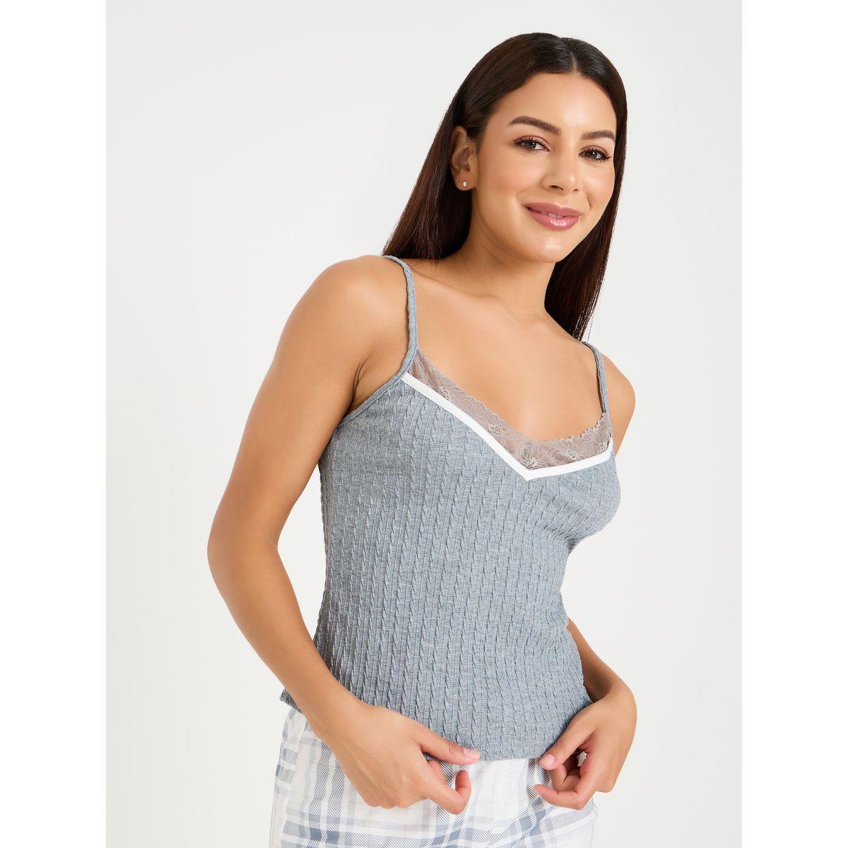 Styli Unwind Contrast Trim Textured Lace Cami & Check Pyjama Set-women-clothing-nightwear-pyjamas-longsets-image-3