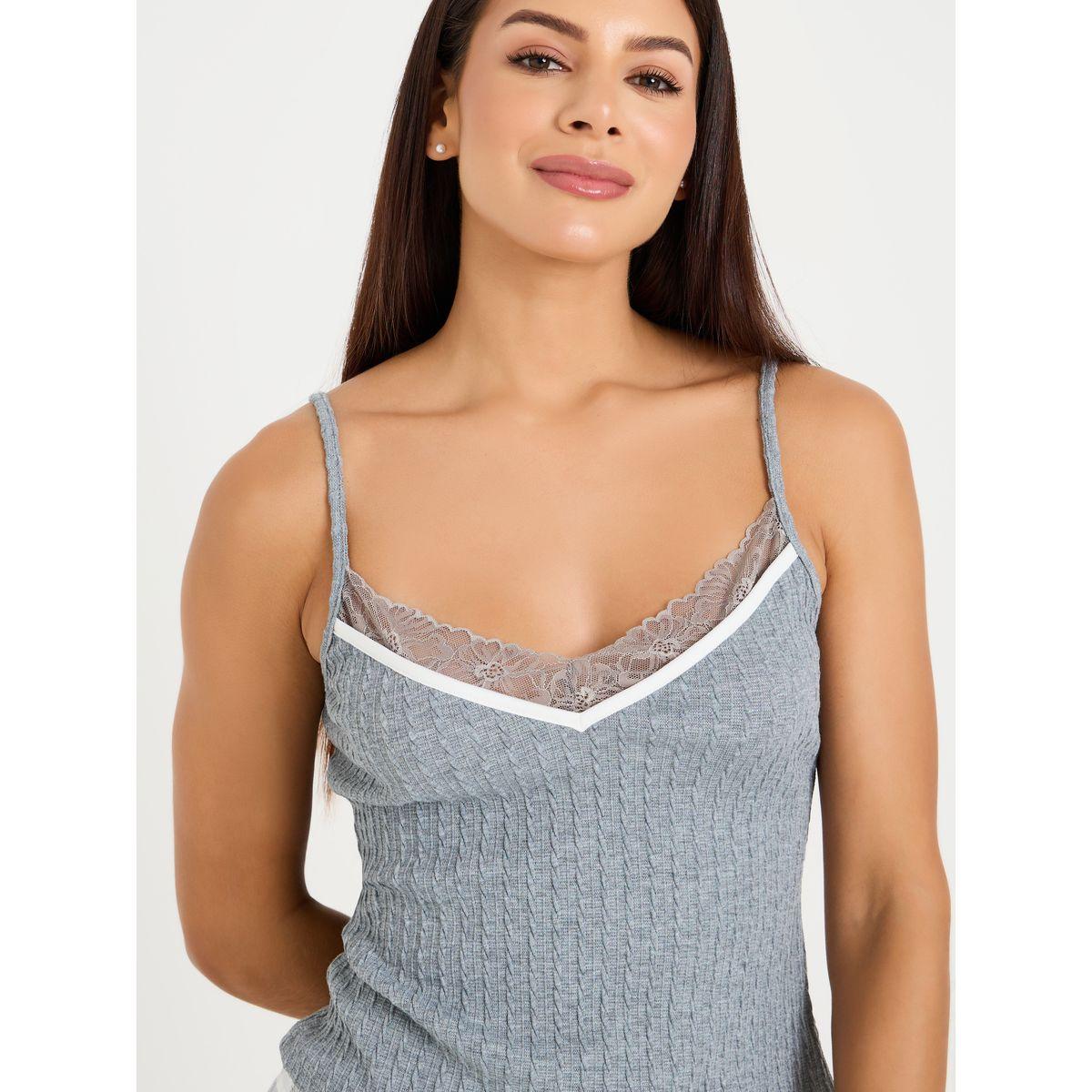 Styli Unwind Contrast Trim Textured Lace Cami & Check Pyjama Set-women-clothing-nightwear-pyjamas-longsets-image-4
