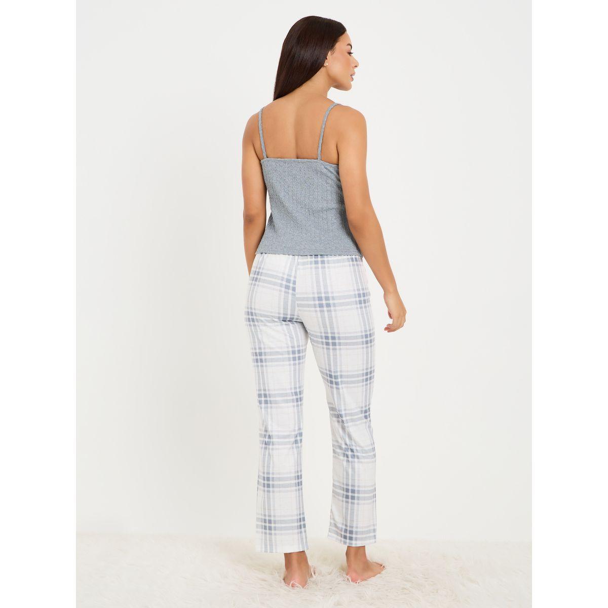 Styli Unwind Contrast Trim Textured Lace Cami & Check Pyjama Set-women-clothing-nightwear-pyjamas-longsets-image-6