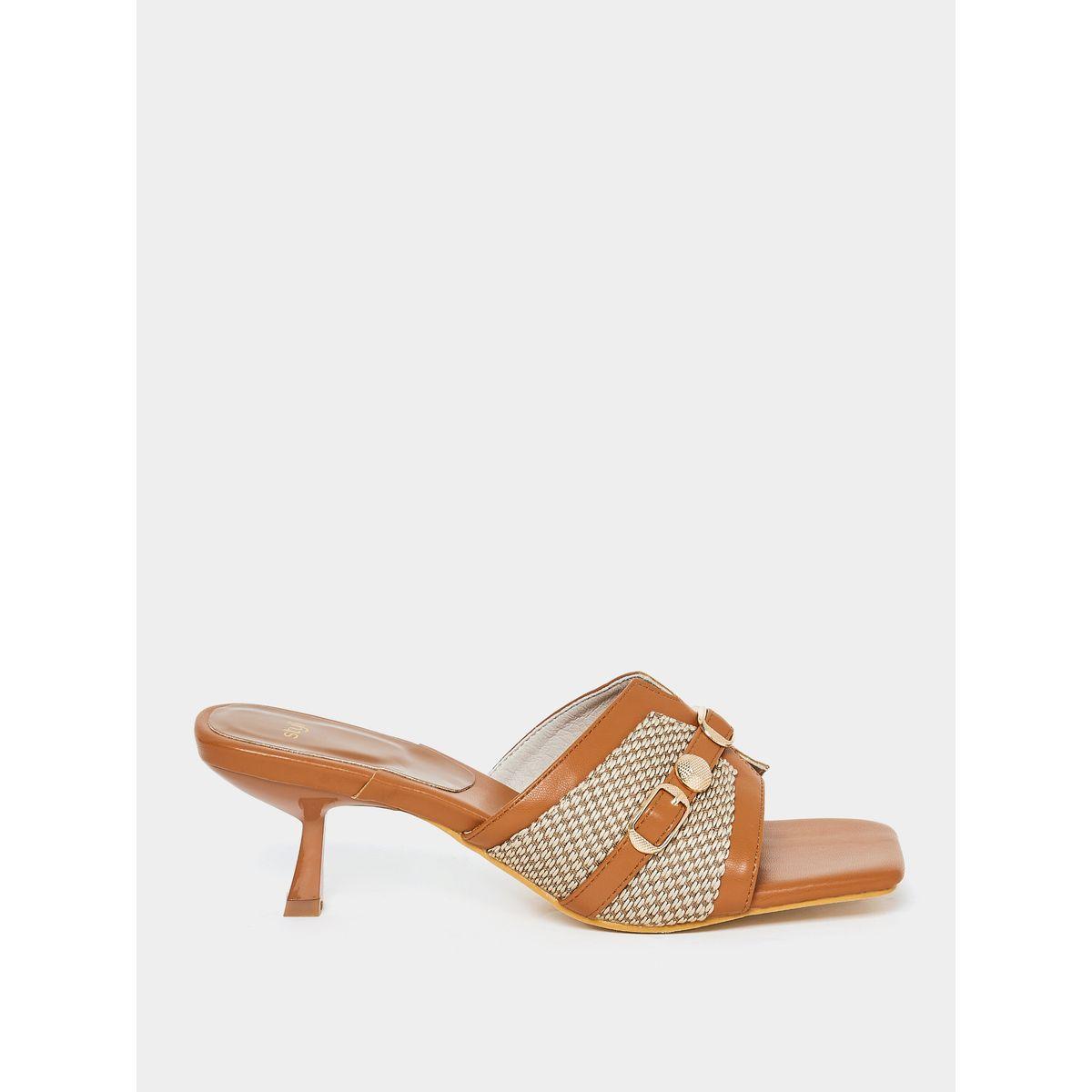 Styli Textured Buckle Embellished Mid Heel Sandal-women-shoes-heels-image-2