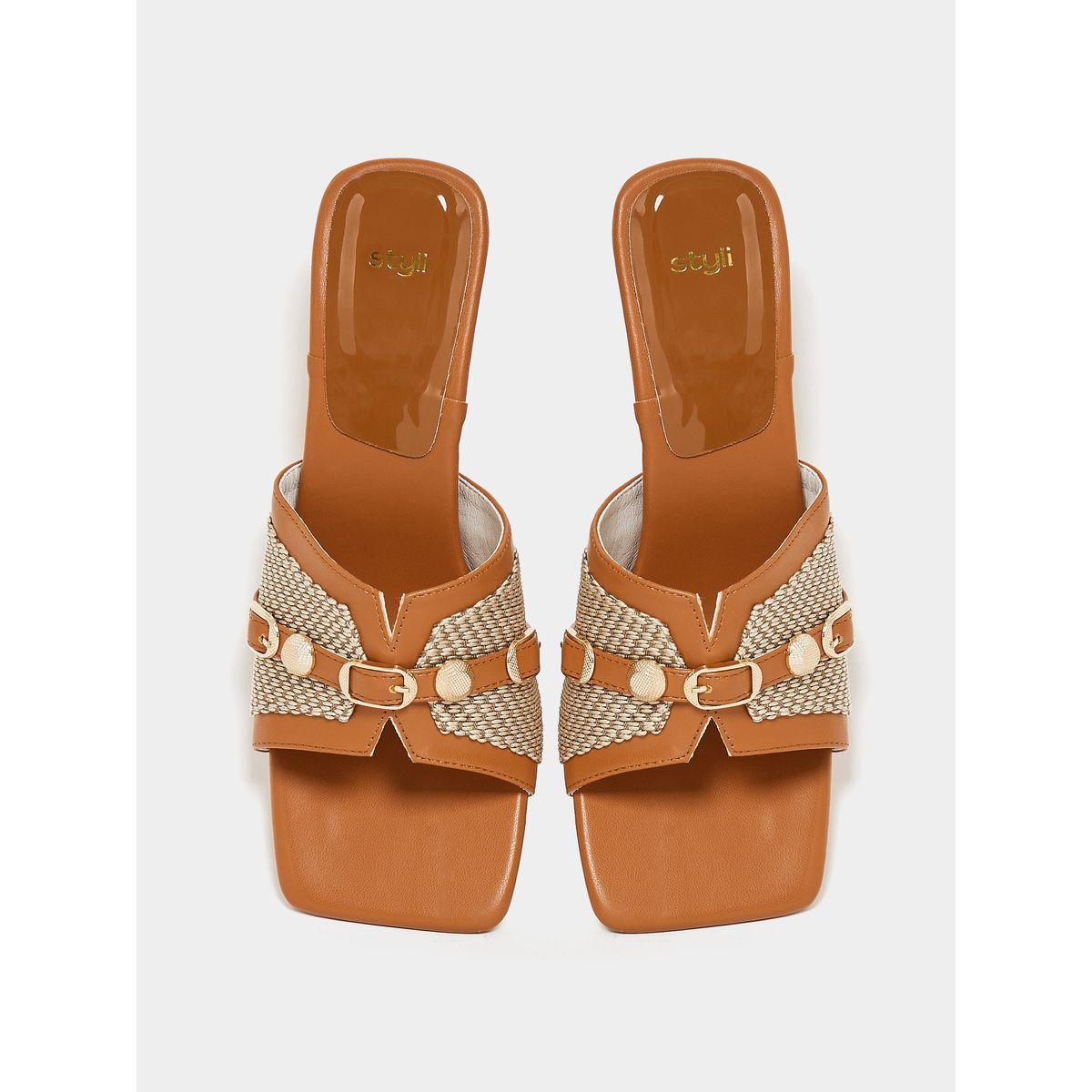 Styli Textured Buckle Embellished Mid Heel Sandal-women-shoes-heels-image-5