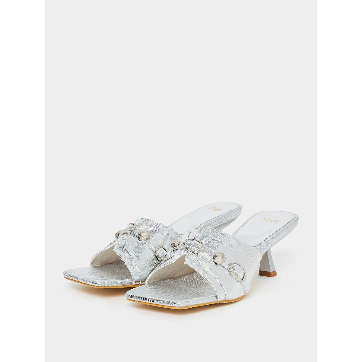 Styli Metallic Buckle Embellished Mid Heel Sandal-women-shoes-heels-image-3