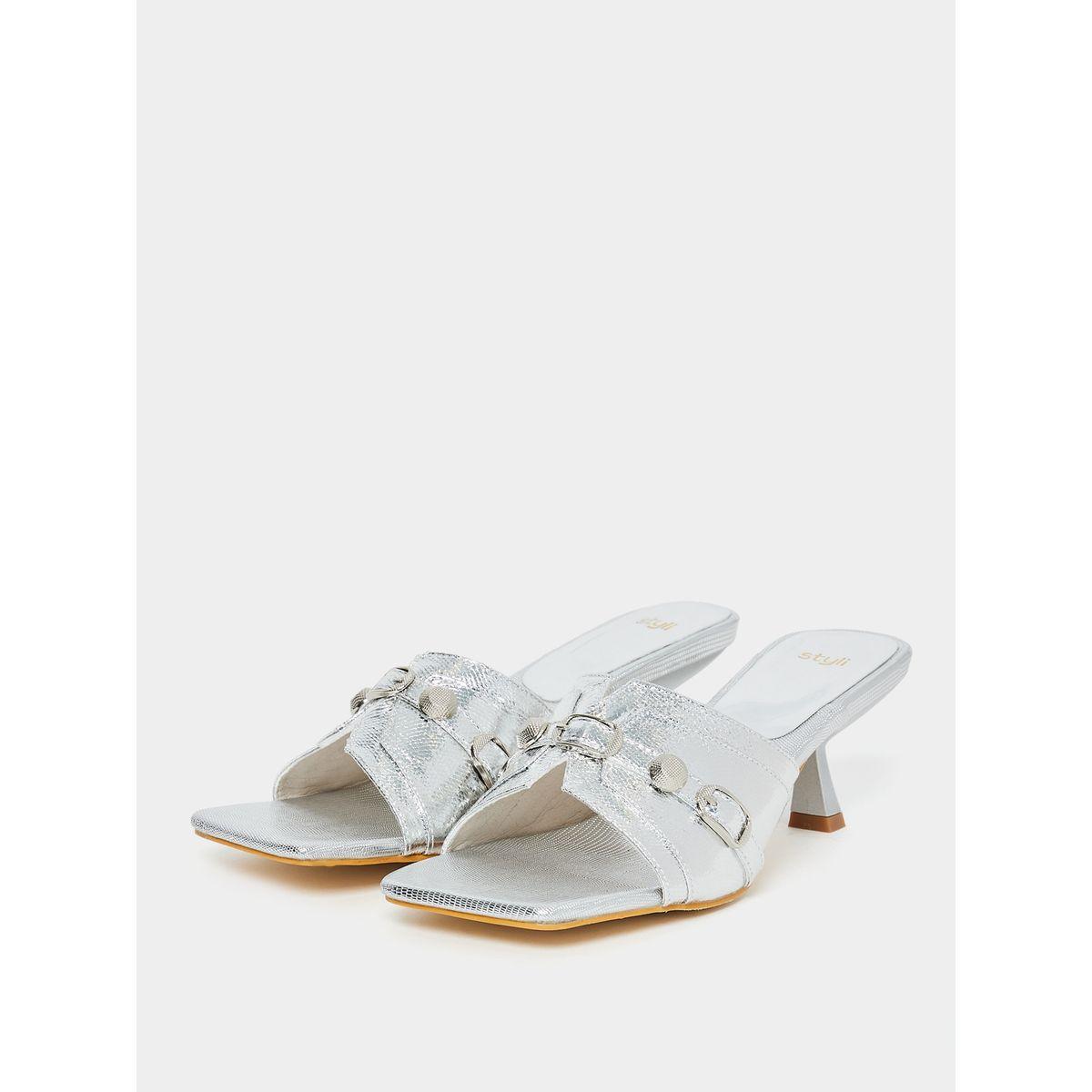 Styli Metallic Buckle Embellished Mid Heel Sandal-women-shoes-heels-image-6