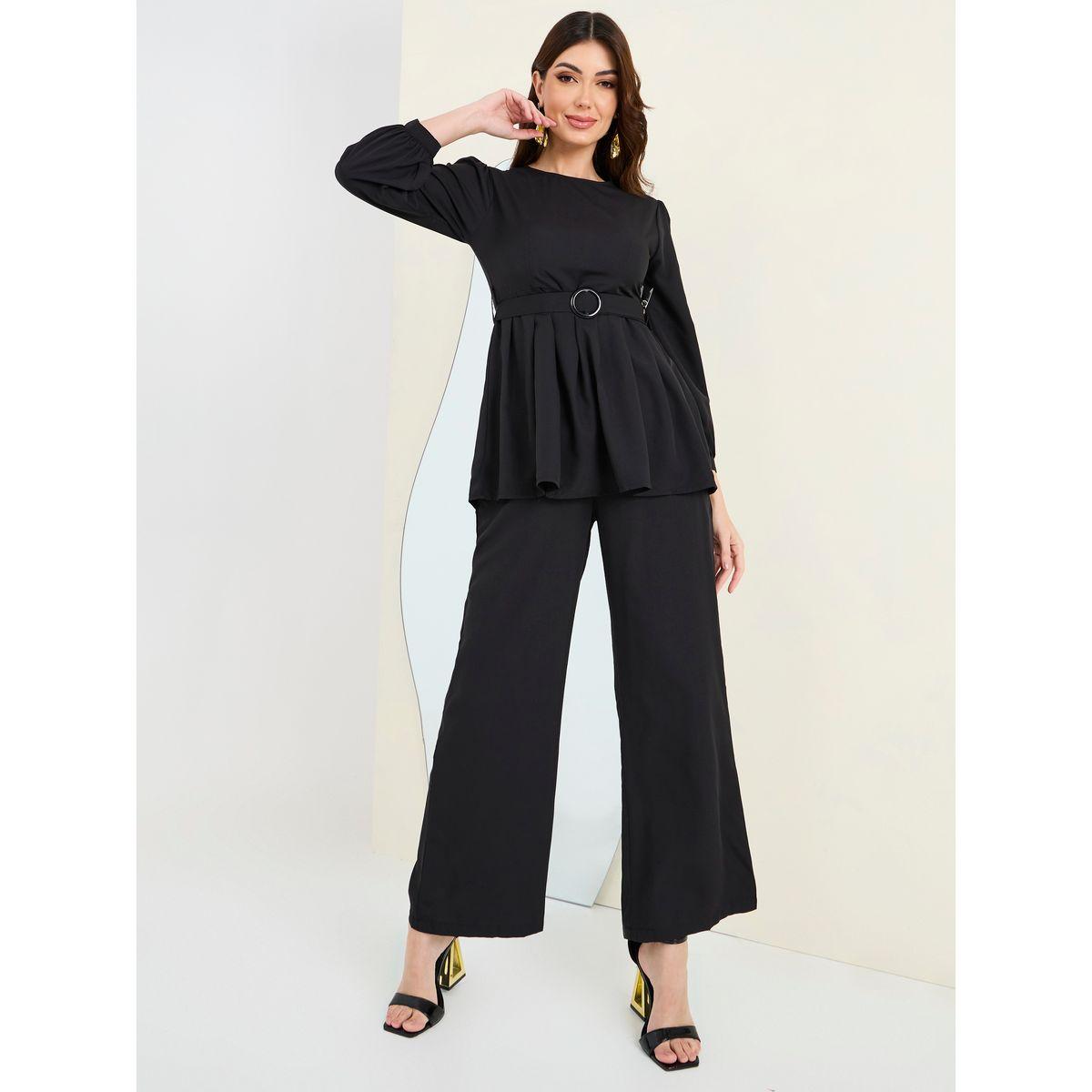 Styli Solid Peplum Belted Top & Trouser Co-Ords-women-clothing-coordsets-image-1