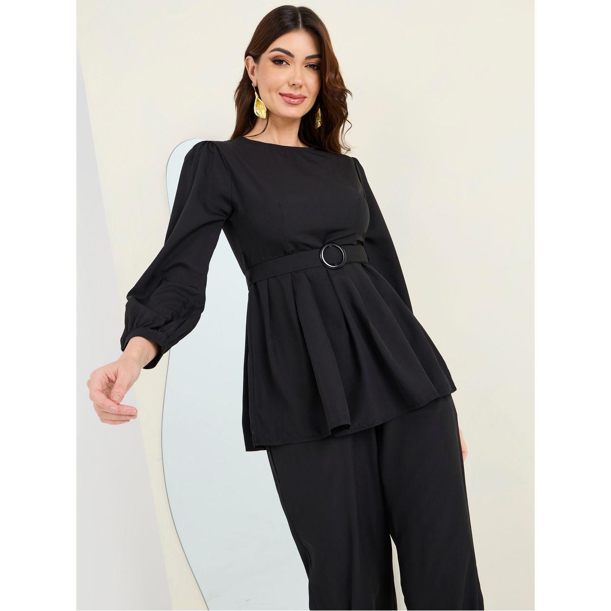Styli Solid Peplum Belted Top & Trouser Co-Ords-women-clothing-coordsets-image-2