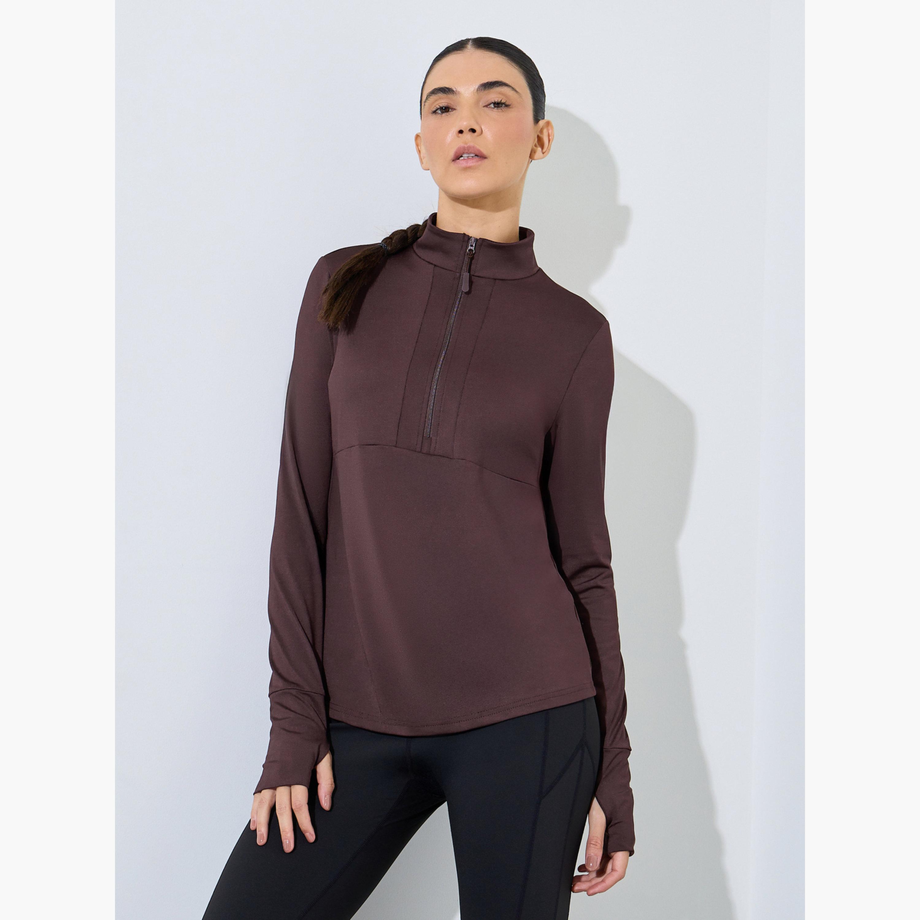 Styli Brown Half Zip-Up Multi Panel Seam Thumbhole Detail Top-sports-women-clothing-tshirtsandvests-image-1