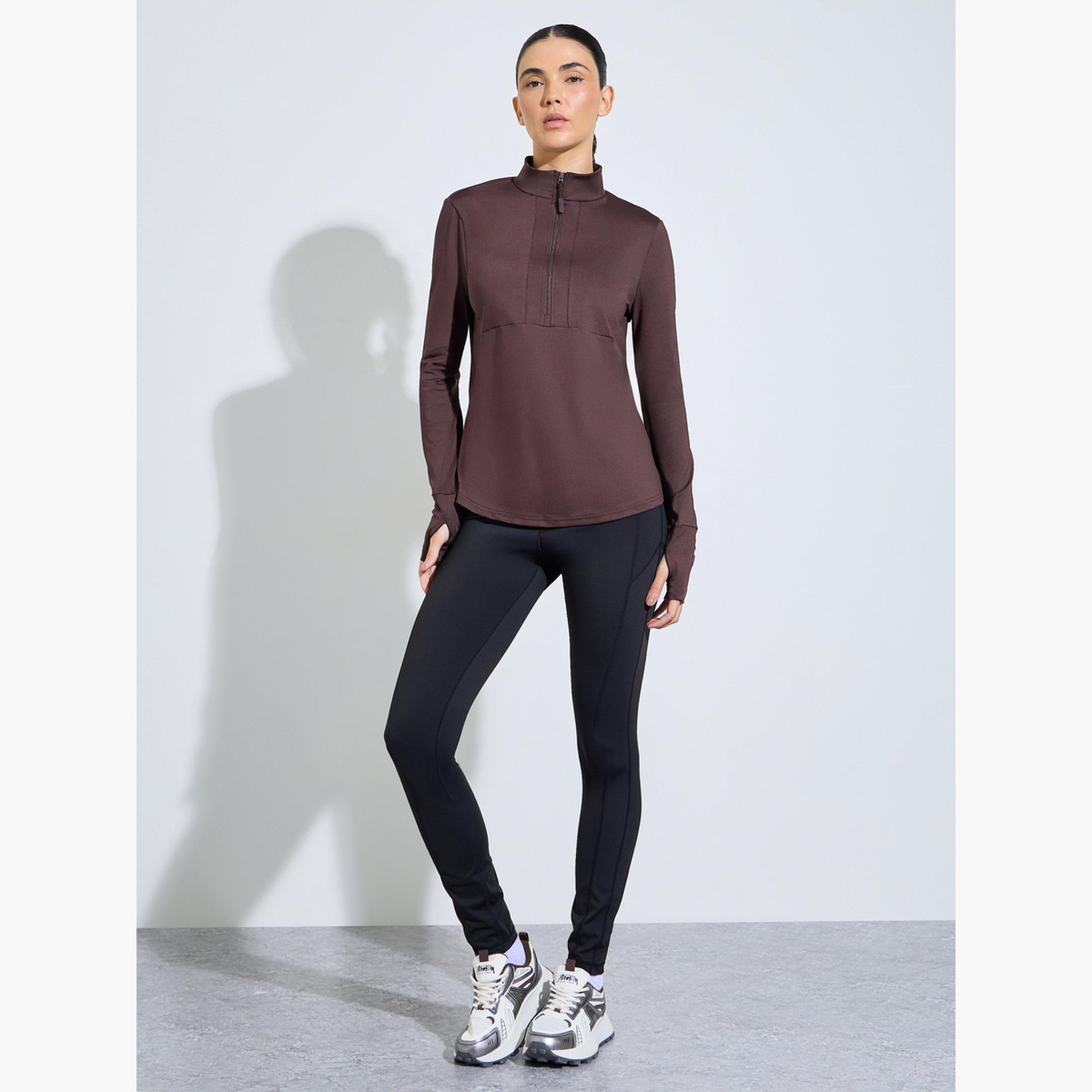 Styli Brown Half Zip-Up Multi Panel Seam Thumbhole Detail Top-sports-women-clothing-tshirtsandvests-image-2