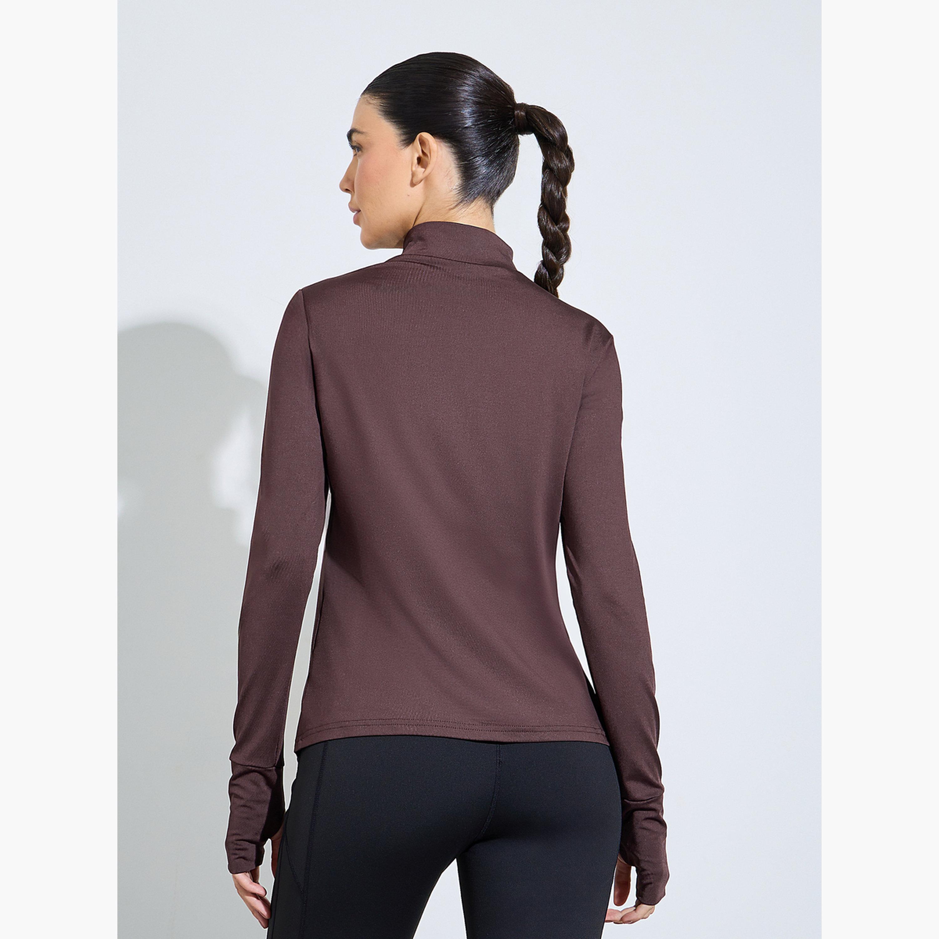 Styli Brown Half Zip-Up Multi Panel Seam Thumbhole Detail Top-sports-women-clothing-tshirtsandvests-image-3