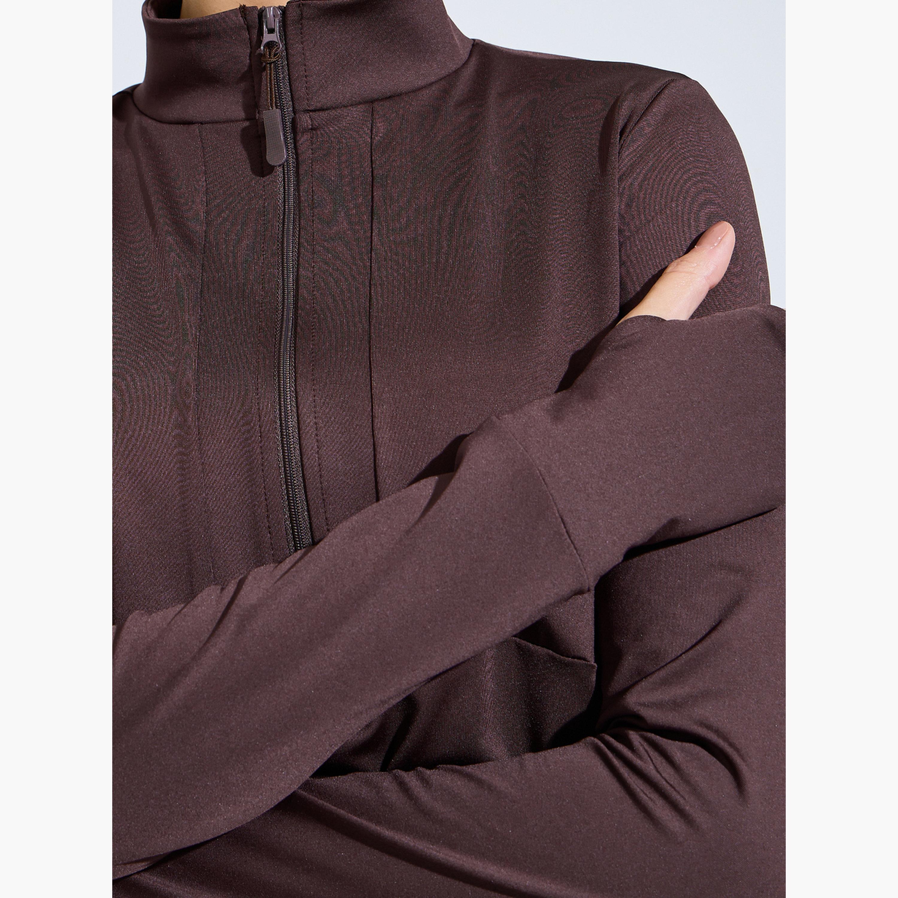 Styli Brown Half Zip-Up Multi Panel Seam Thumbhole Detail Top-sports-women-clothing-tshirtsandvests-image-4