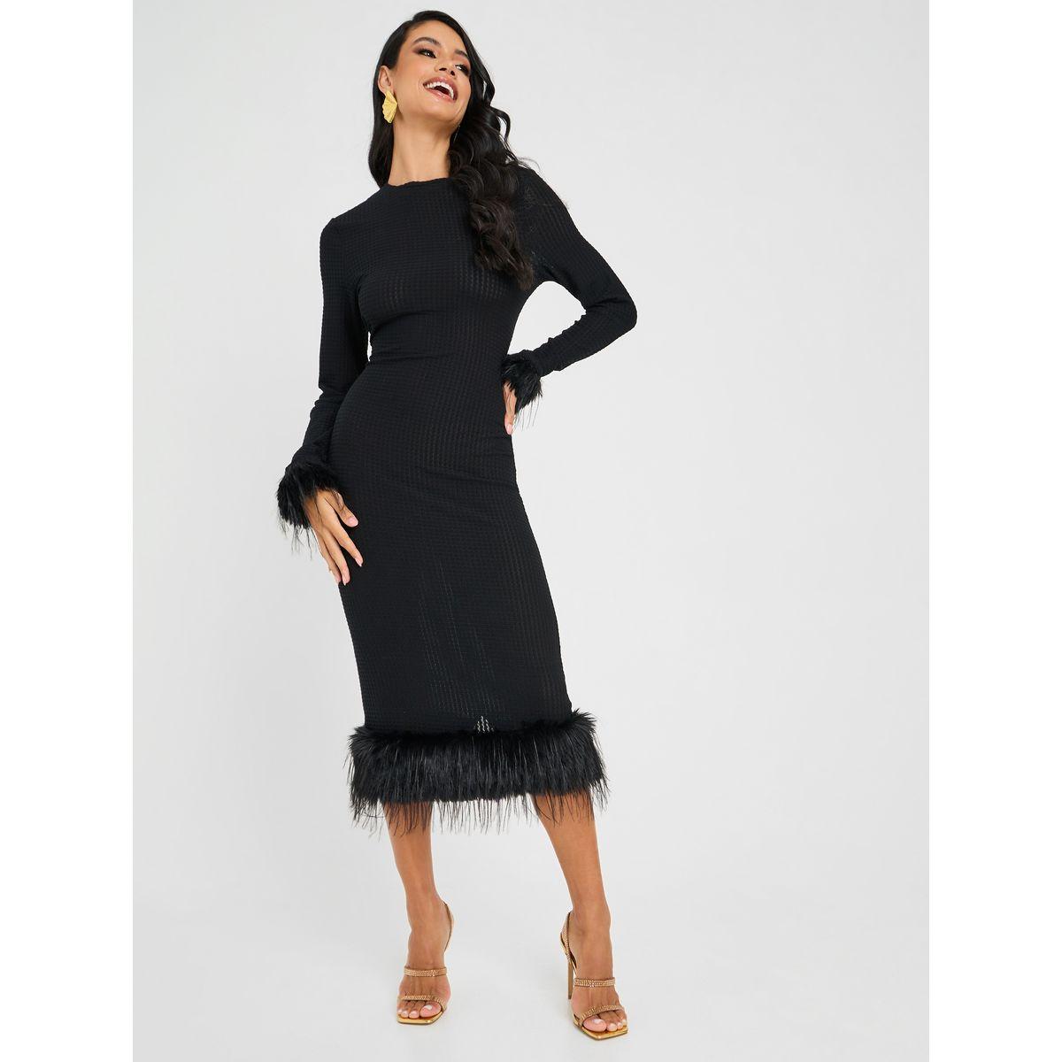 Styli Faux Feather Trim Bodycon Midi Dress-women-clothing-dresses-image-1
