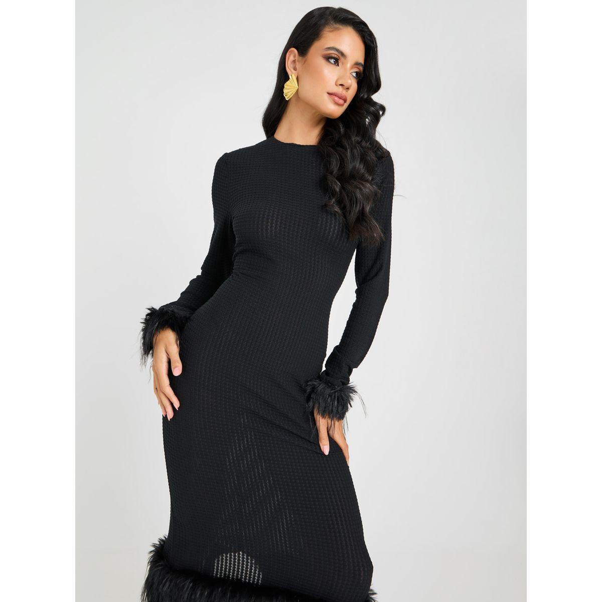 Styli Faux Feather Trim Bodycon Midi Dress-women-clothing-dresses-image-2