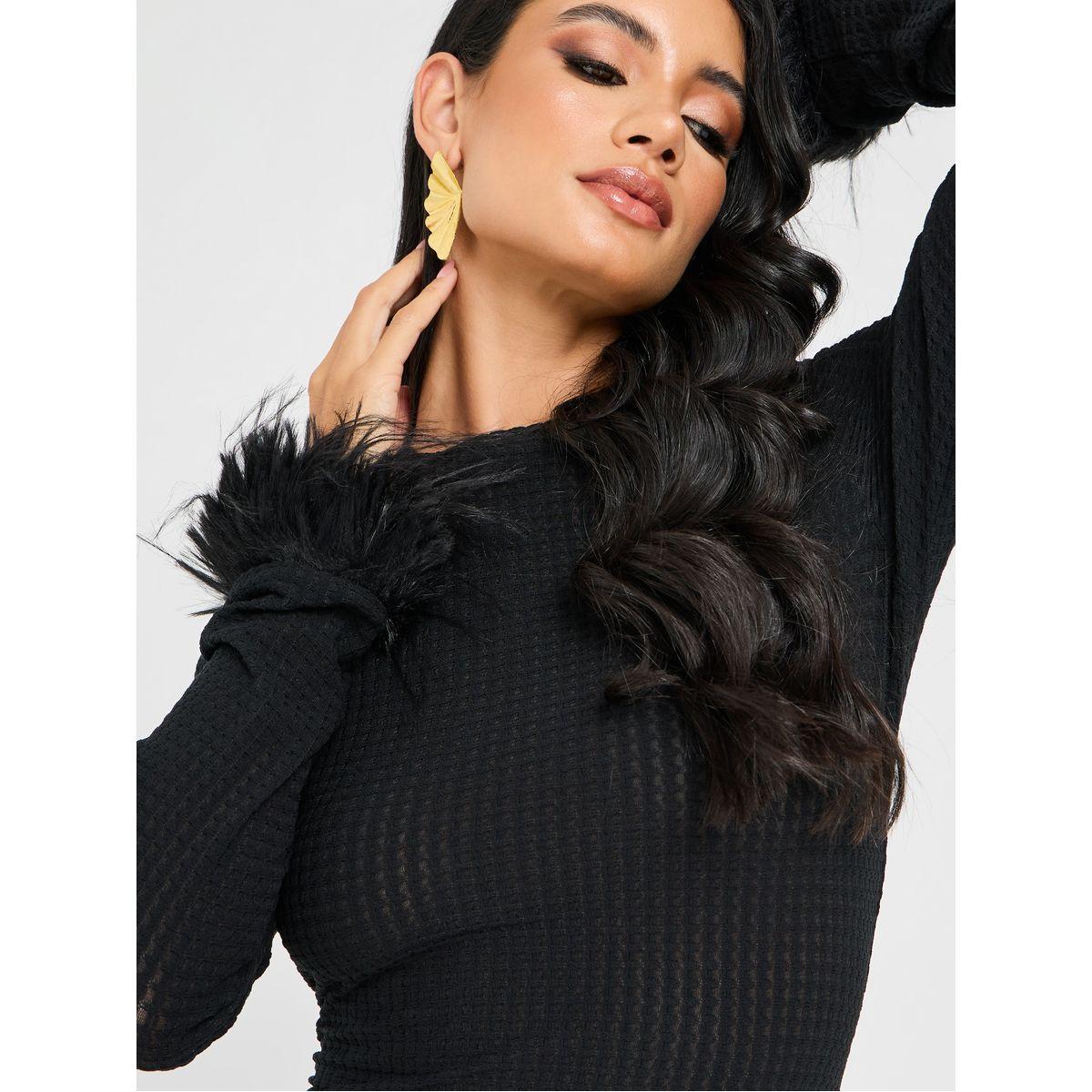 Styli Faux Feather Trim Bodycon Midi Dress-women-clothing-dresses-image-3