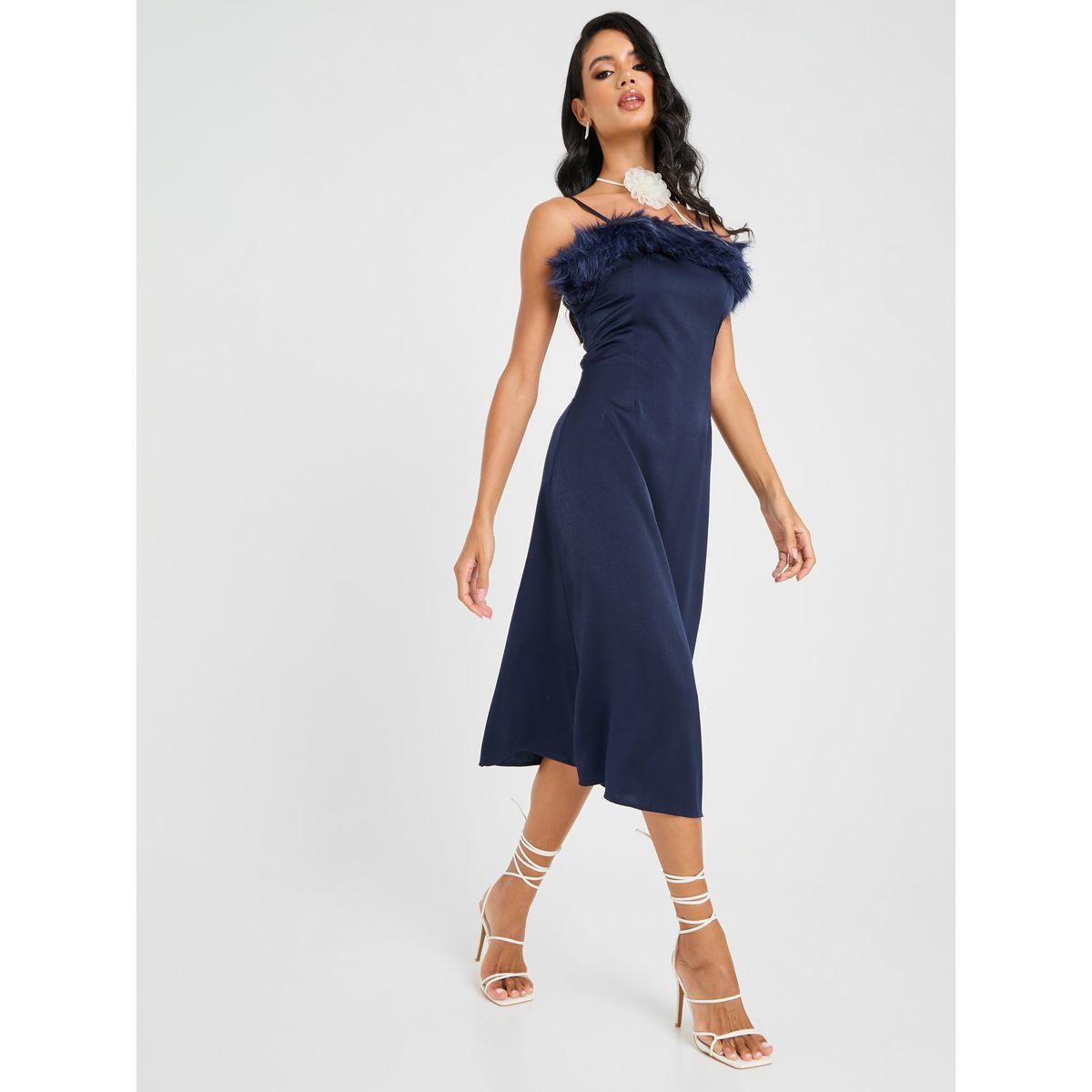 فستان ميدي مزين بريش صناعي-women-clothing-dresses-image-1
