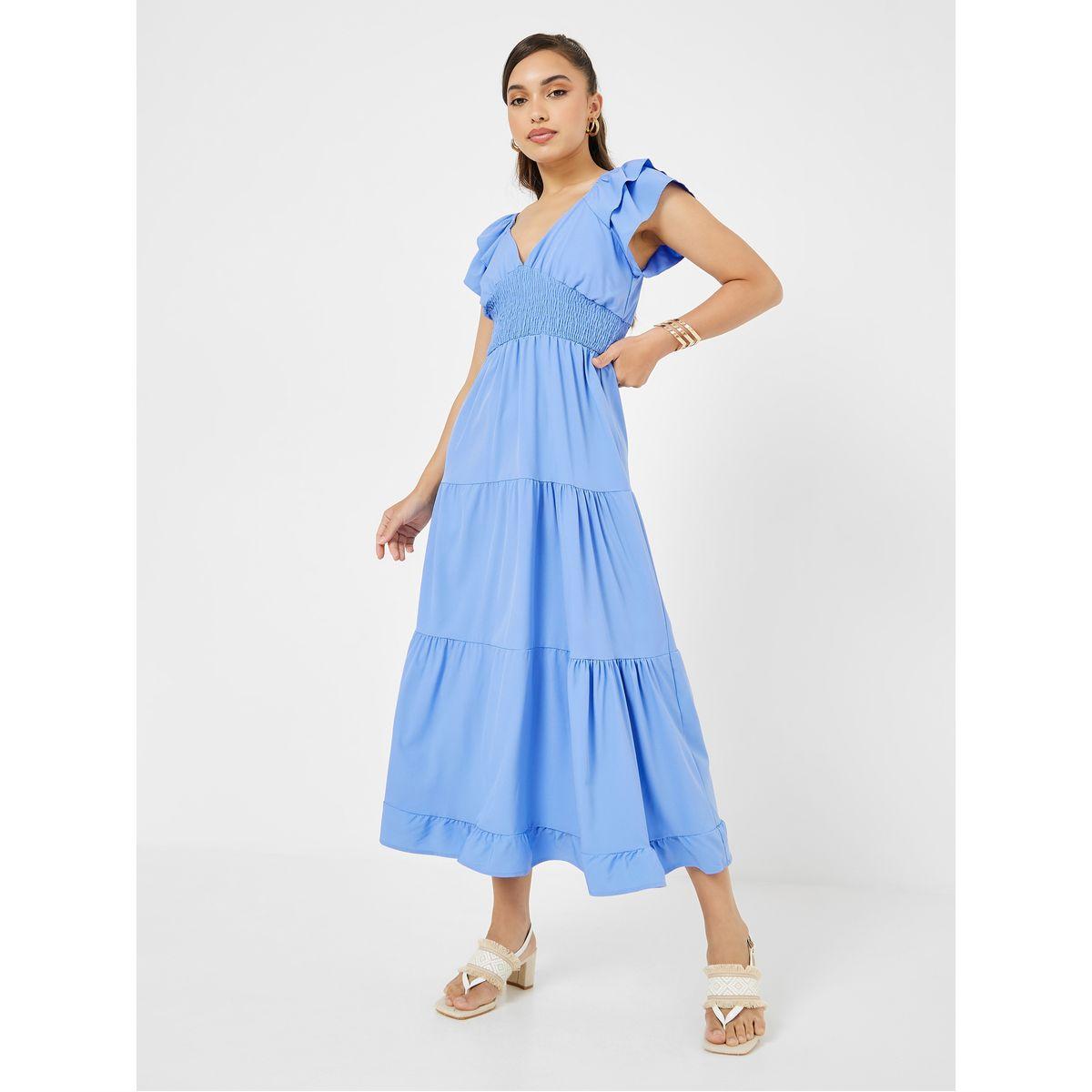 Styli Frill Sleeve Gathered Waist Tiered Midi Dress-women-clothing-dresses-image-1