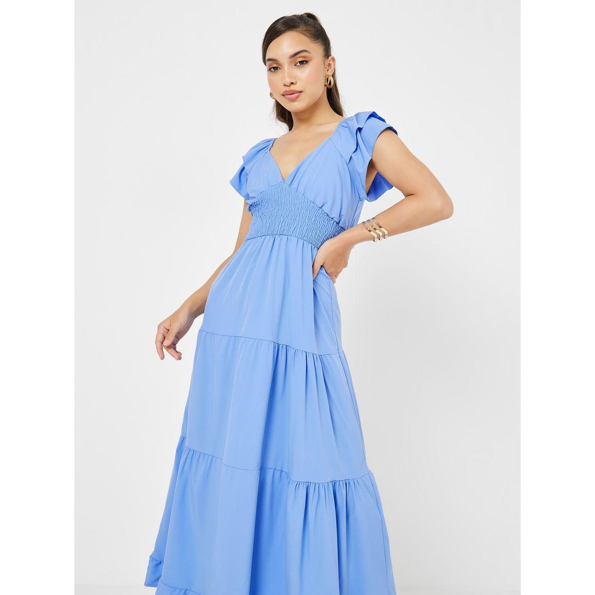 Styli Frill Sleeve Gathered Waist Tiered Midi Dress-women-clothing-dresses-image-2