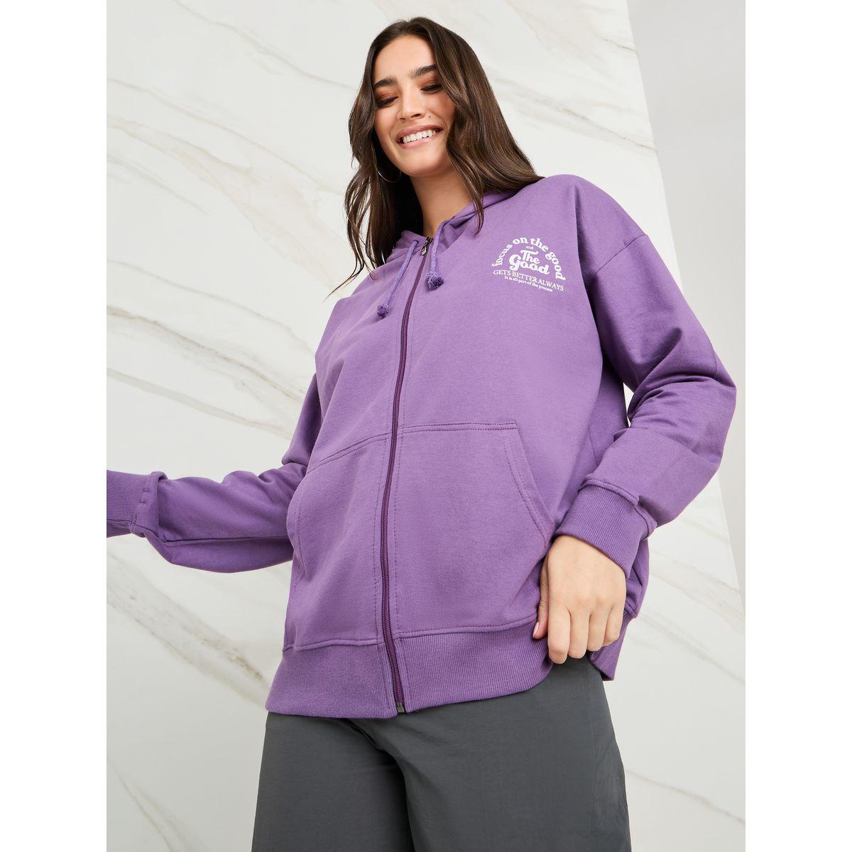 Buy Women s Styli Oversized Zip Through Slogan Hoodie Online Centrepoint KSA