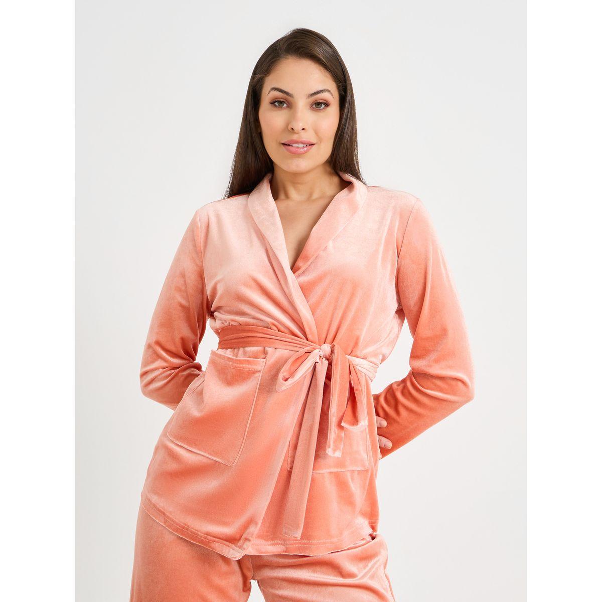 Styli Unwind Velour Belted Tie Front Wrap Shirt & Pyjama Set-women-clothing-nightwear-pyjamas-longsets-image-2
