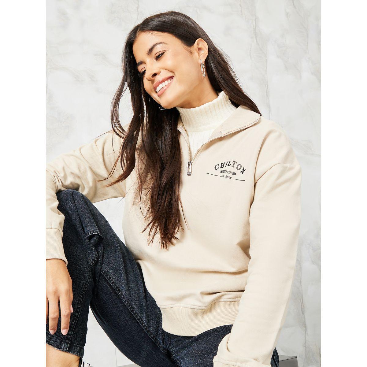 Styli Regular Fit Slogan Sweatshirt with Half Zip-women-winterwear-hoodiesandsweatshirts-sweatshirts-image-1