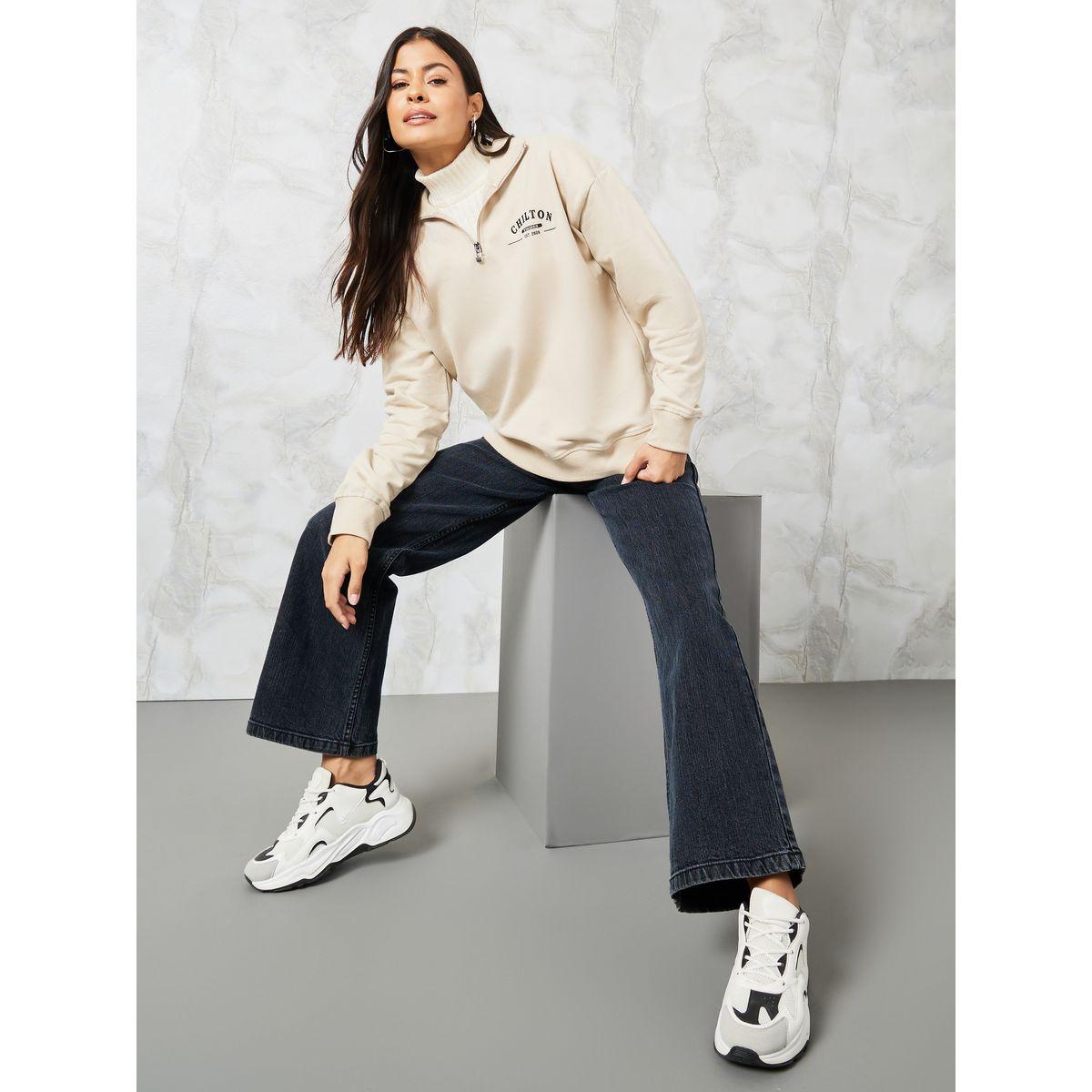 Styli Regular Fit Slogan Sweatshirt with Half Zip-women-winterwear-hoodiesandsweatshirts-sweatshirts-image-2