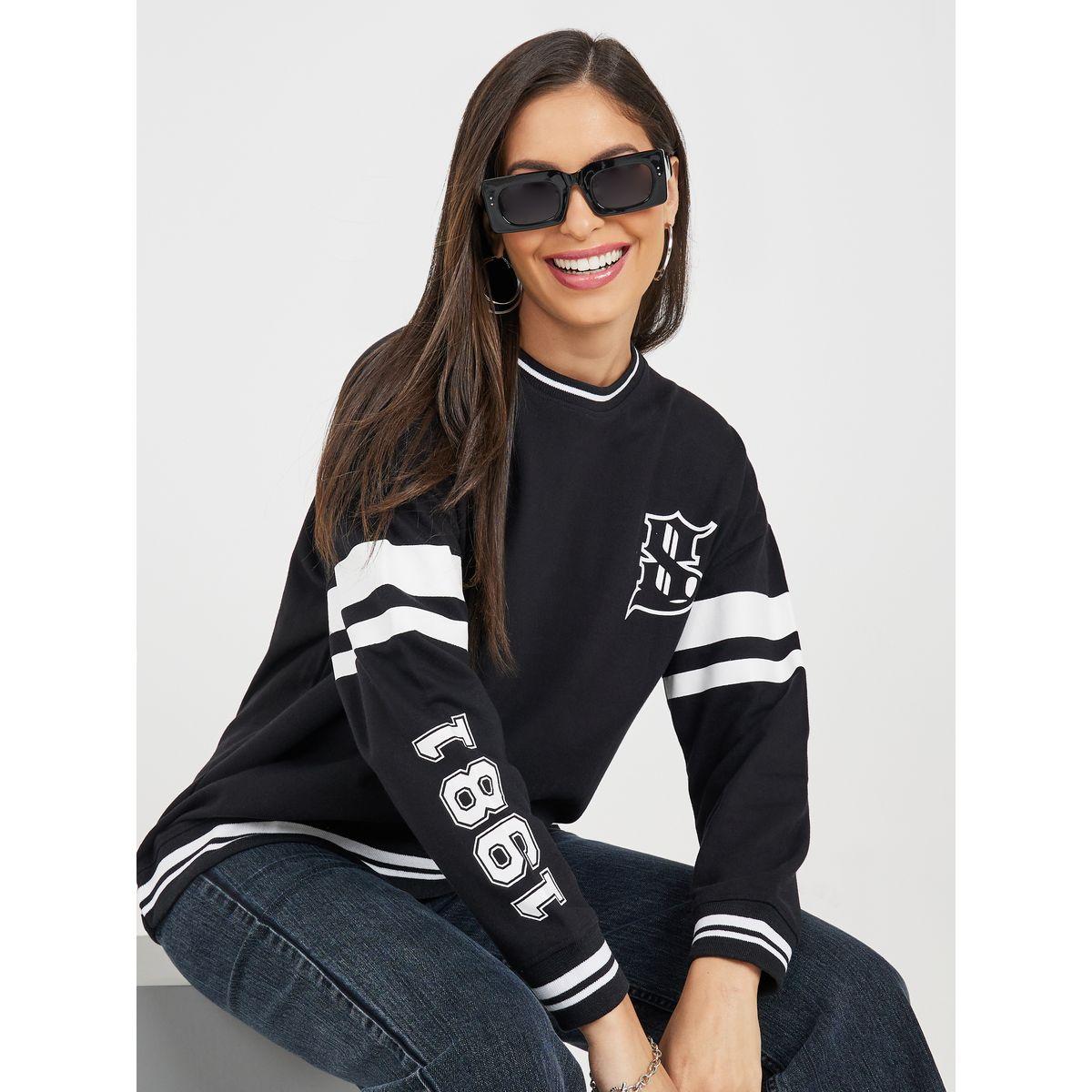 Styli Oversized Longline Slogan Sweatshirt with Contrast Stripe-women-winterwear-hoodiesandsweatshirts-sweatshirts-image-1