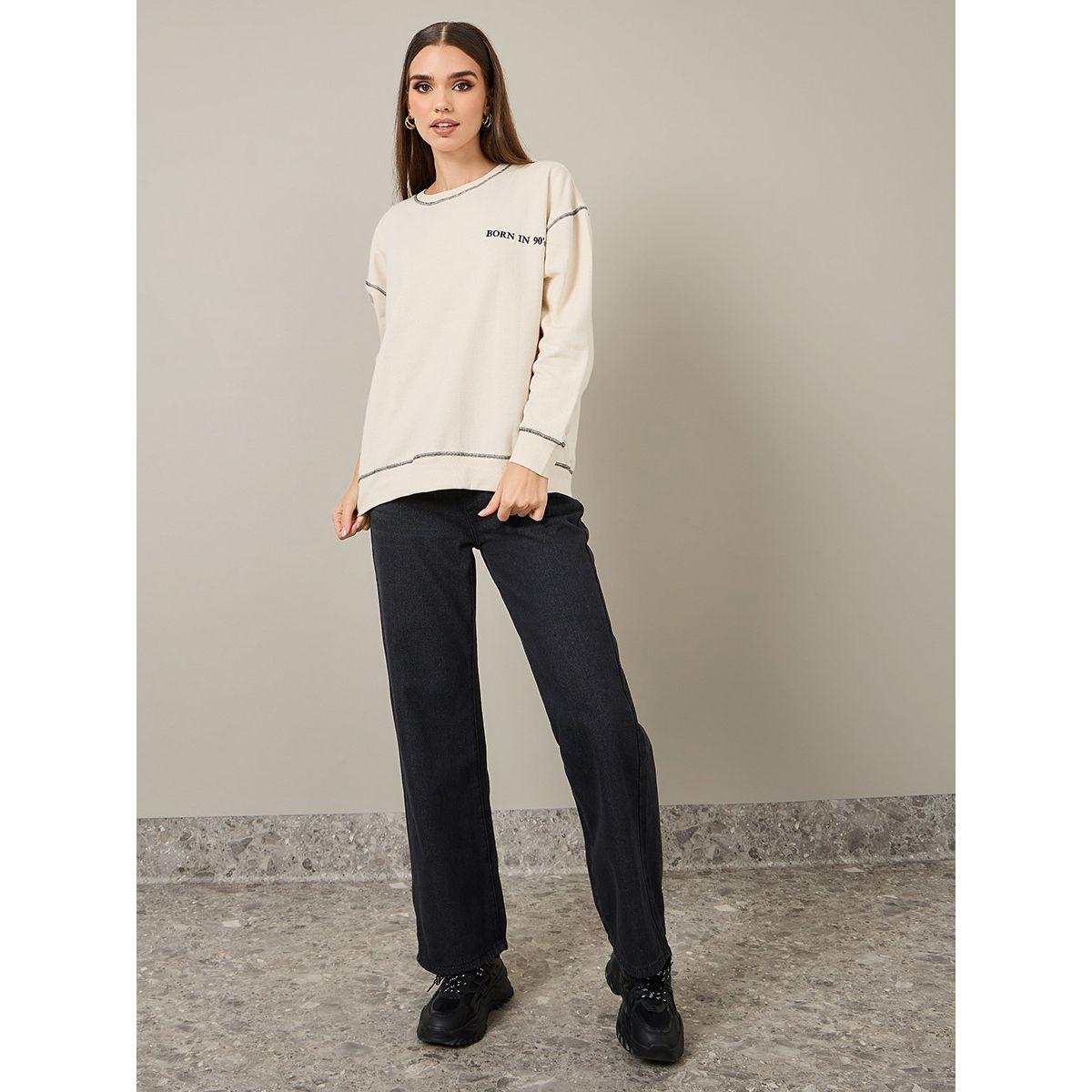 Styli Oversized Embroidered Slogan Sweatshirt with Contrast Stitch-women-winterwear-hoodiesandsweatshirts-sweatshirts-image-2