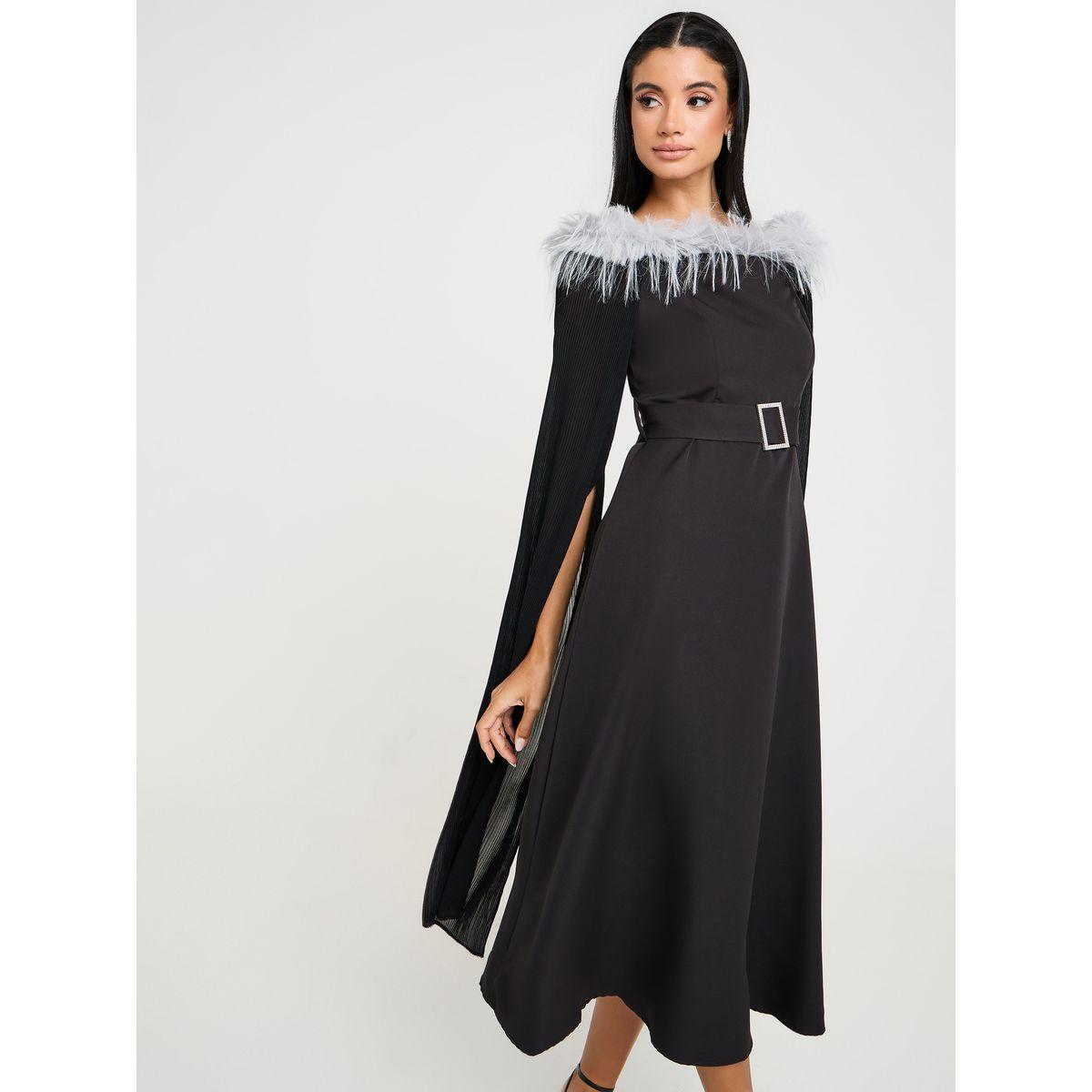 Styli Belted Cape Sleeve Midi Dress With Faux Fur Trim-women-clothing-dresses-image-1