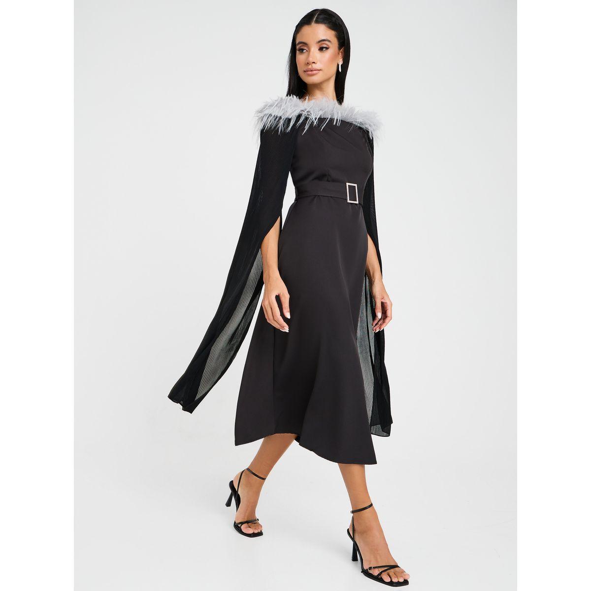 Styli Belted Cape Sleeve Midi Dress With Faux Fur Trim-women-clothing-dresses-image-2