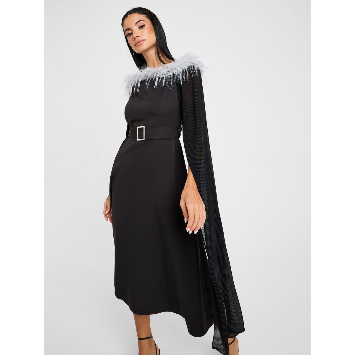 Styli Belted Cape Sleeve Midi Dress With Faux Fur Trim-women-clothing-dresses-image-3